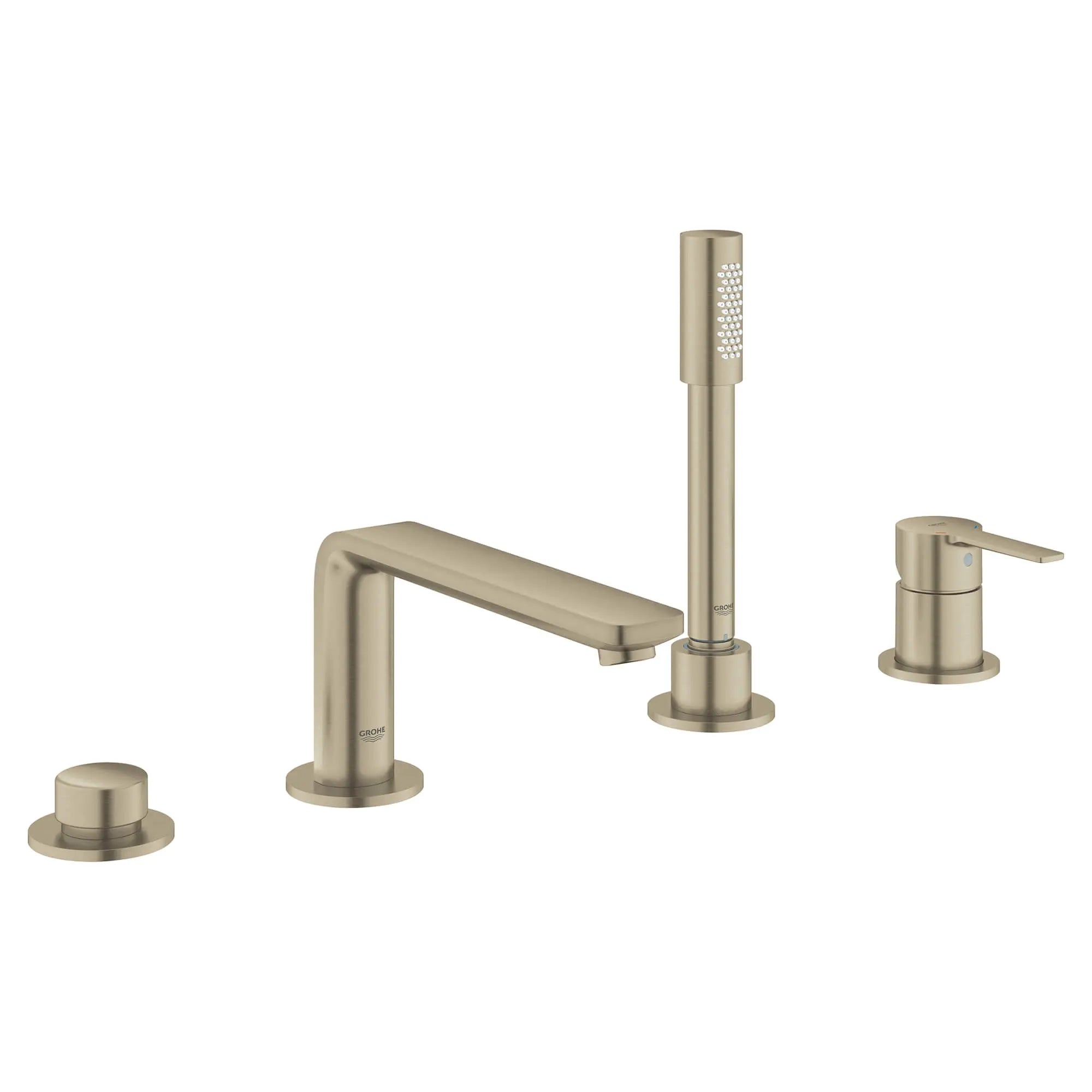 Robinet de baignoire romaine, 4 trous, à poignée simple, à montage sur tablier avec douchette 6,6 L/min (1,75 gpm) // NICKEL BROSSÉ INFINITYFINISH // 12711_19577en1-lineare-four-hole-bathtub-faucet-with-handshower-brushed-nickel-infinityfinish_0_CDNwebp.webp