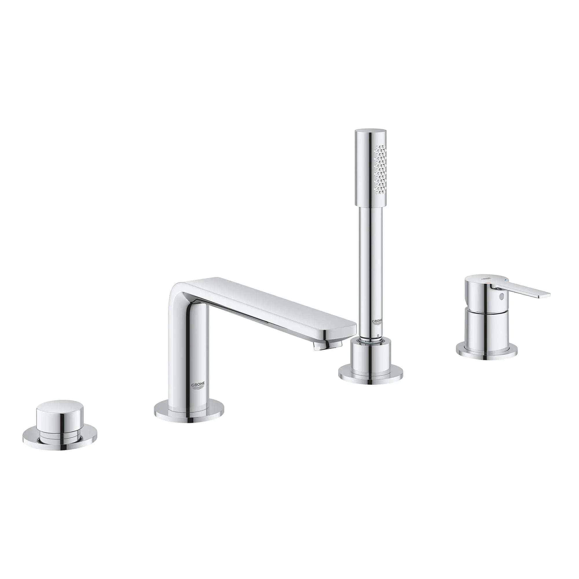 Robinet de baignoire romaine, 4 trous, à poignée simple, à montage sur tablier avec douchette 6,6 L/min (1,75 gpm) // CHROME STARLIGHT GROHE // 12712_19577001-lineare-four-hole-bathtub-faucet-with-handshower-starlight-chrome_0_CDNwebp.webp