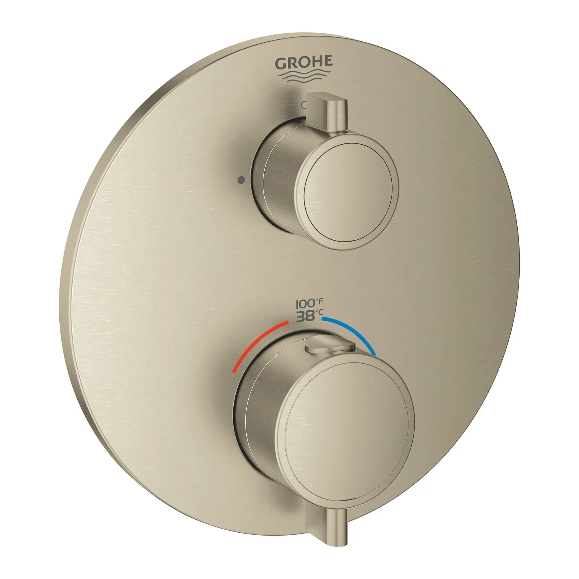 Garniture de valve thermostatique à fonction double, 2 poignées // NICKEL BROSSÉ INFINITYFINISH // 13624_24133en0-grohtherm-dual-function-2-handle-thermostatic-trim-brushed-nickel-infinityfinish_0_CDNwebp.webp