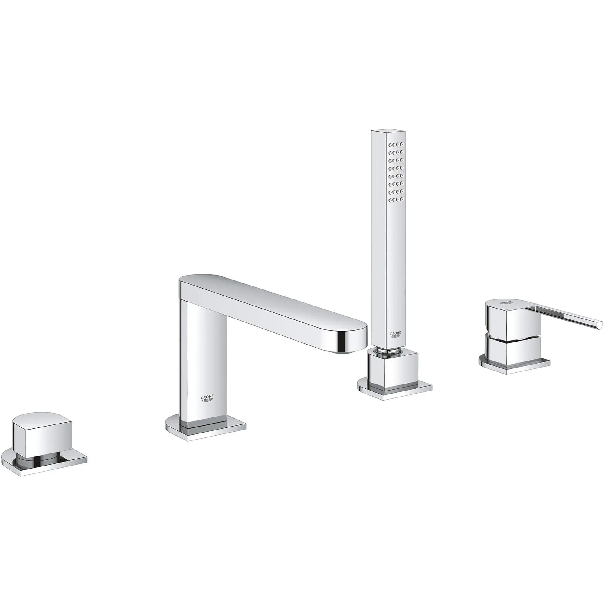Plus Robinet de baignoire romaine, 4 trous, à poignée simple, à montage sur tablier avec douchette 6,6 L/min (1,75 gpm) // CHROME STARLIGHT GROHE // 14801_29307003-grohe-plus-four-hole-bathtub-faucet-with-handshower-starlight-chrome_0_CDNwebp.webp