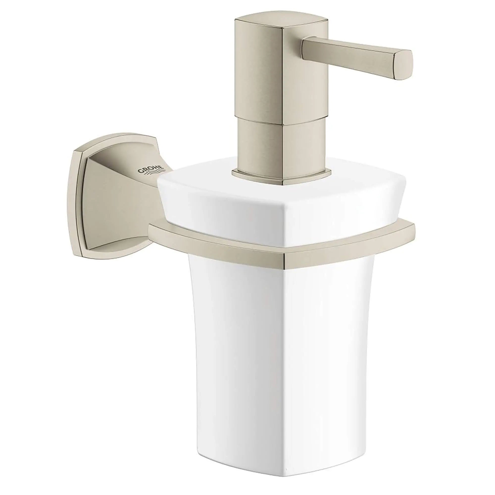 Distributeur en céramique pour savon avec support // NICKEL BROSSÉ INFINITYFINISH // 16043_40627EN0-Grandera-Holder_with_Ceramic_Soap_Dispenser_0_CDNwebp.webp