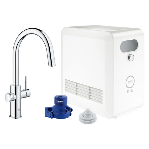 Robinet de cuisine monocommande, tête de pulvérisation coulissante avec eau réfrigérée et pétillante 6,6 L/min (1,75 gpm) - Chrome StarLight GROHE