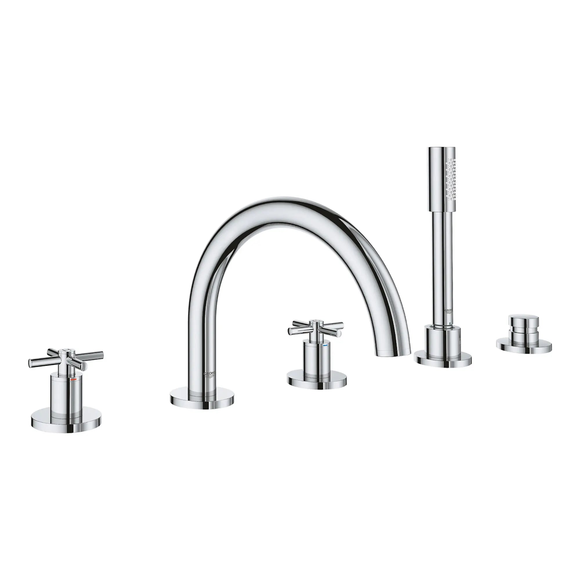 Robinet de bain avec douchette // CHROME STARLIGHT GROHE // 163622_25049003-Atrio-Five-Hole-Roman-Tub-Filler-With-Hand-Shower-in-Chrome-Silo-2_0_CDNwebp.webp