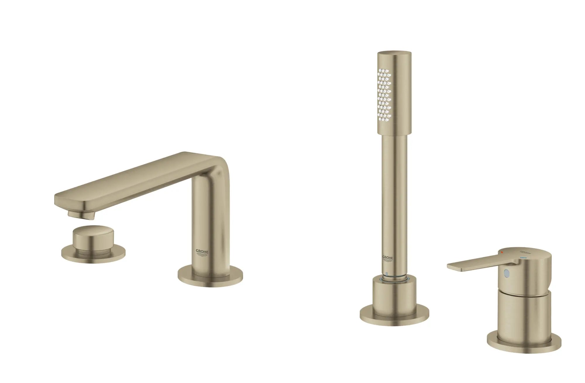 Robinet de baignoire romaine, 4 trous, à poignée simple, à montage sur tablier avec douchette 6,6 L/min (1,75 gpm) // NICKEL BROSSÉ INFINITYFINISH // 163671_19577EN1_002_01_0_CDNwebp.webp