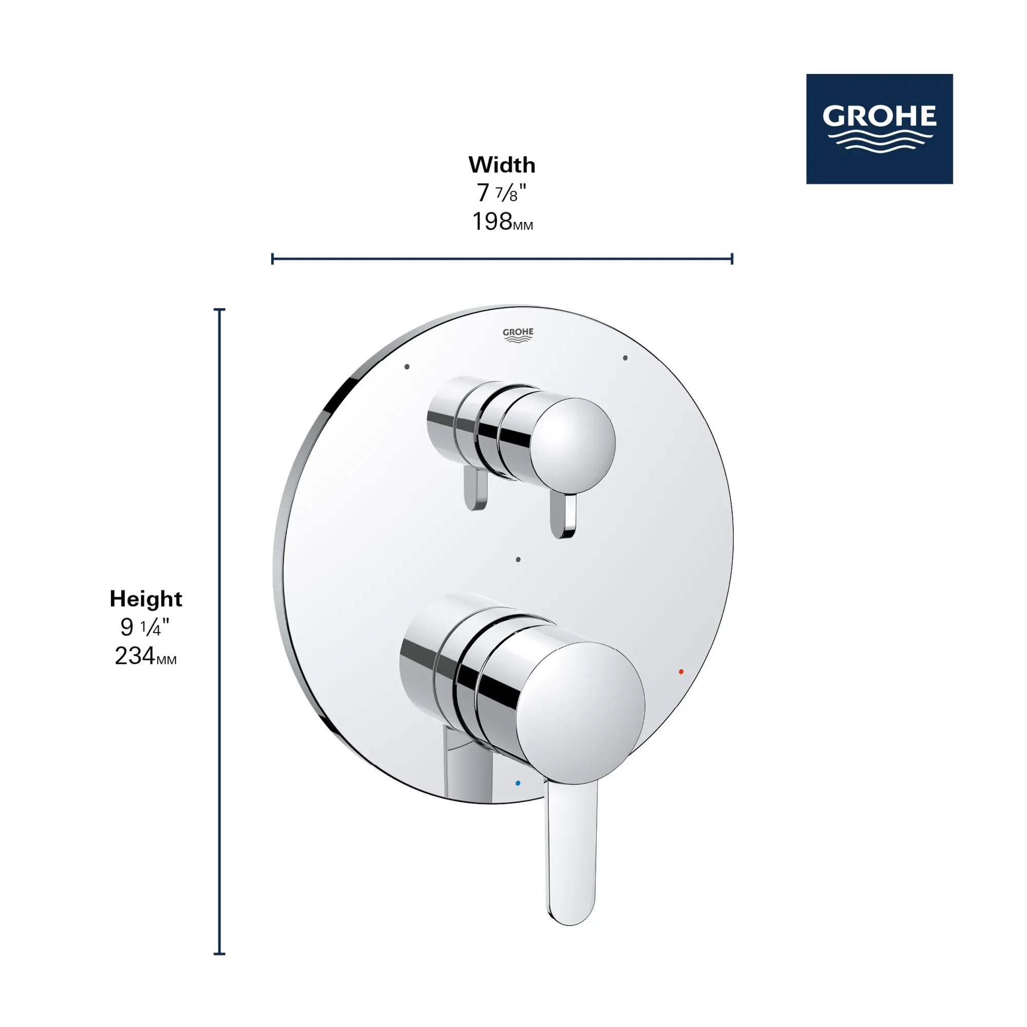 Garniture Cosmopolitan pour obturateur régulateur de pression avec inverseur à 3 voies et cartouche // CHROME STARLIGHT GROHE // 163740_GROHE_GrohSafe_3.0_3WayTrim_Valve_Cosmo_29425000_Info_3_0_CDNwebp.webp