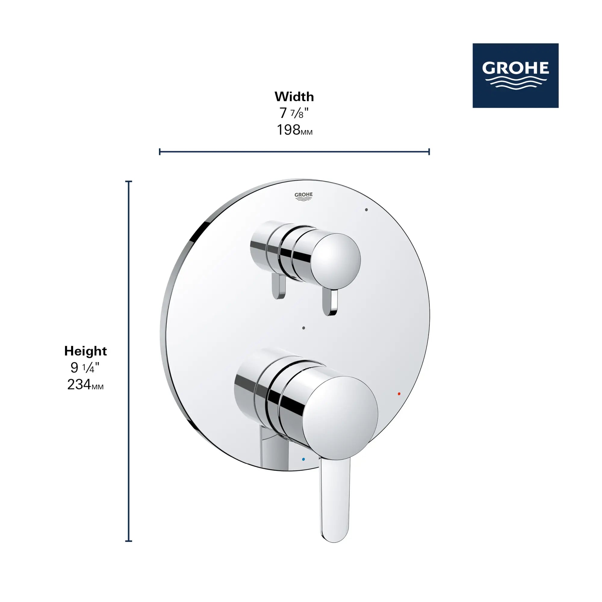 Garniture Cosmopolitan pour obturateur régulateur de pression avec inverseur à 2 voies et cartouche // CHROME STARLIGHT GROHE // 163741_GROHE_GrohSafe_3.0_2WayTrim_Valve_Cosmo_29434000_Info_3_0_CDNwebp.webp