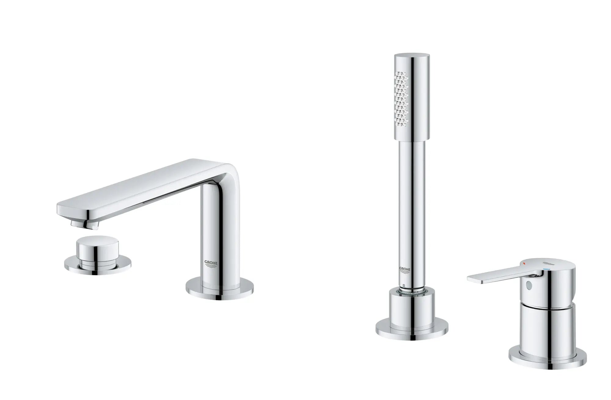 Robinet de baignoire romaine, 4 trous, à poignée simple, à montage sur tablier avec douchette 6,6 L/min (1,75 gpm) // CHROME STARLIGHT GROHE // 163766_19577001_002_01_0_CDNwebp.webp