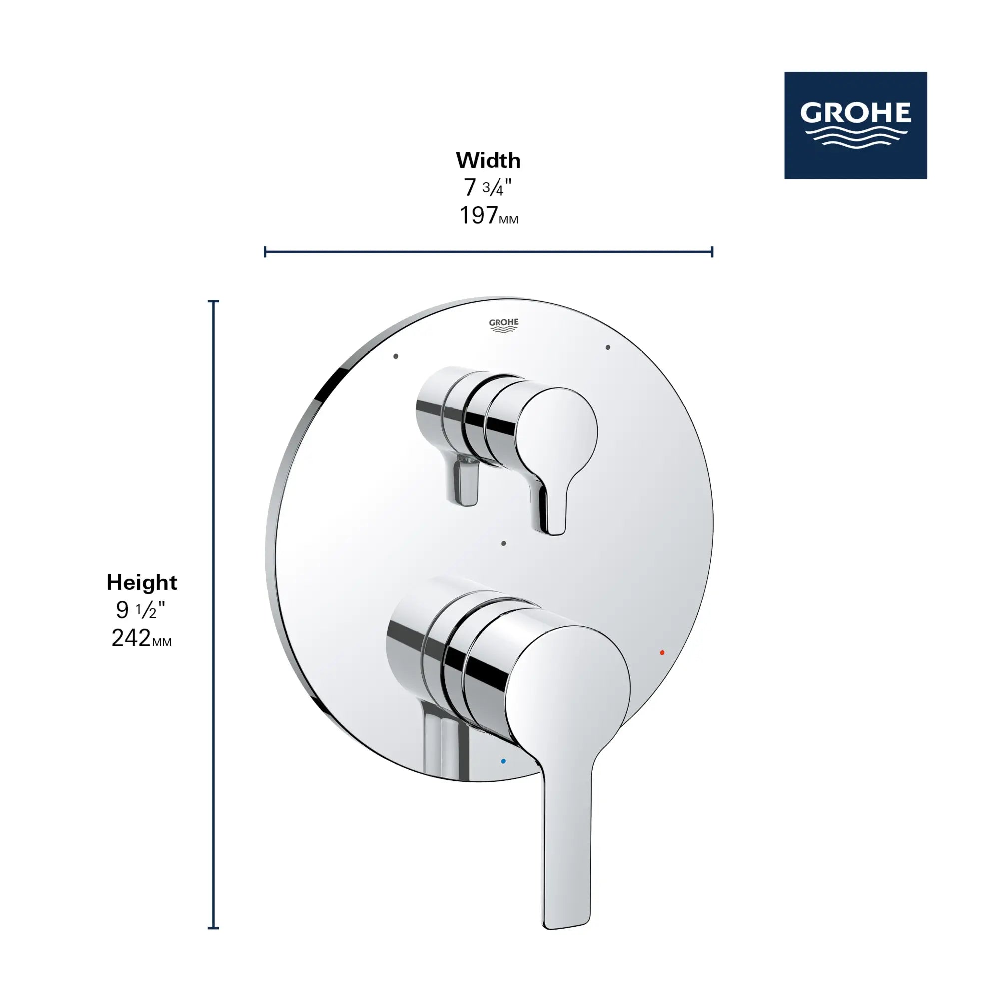 Garniture Lineare pour obturateur régulateur de pression avec inverseur à 3 voies et cartouche // CHROME STARLIGHT GROHE // 163879_GROHE_GrohSafe_3.0_3WayTrim_Valve_Lineare_29424000_Info_3_0_CDNwebp.webp