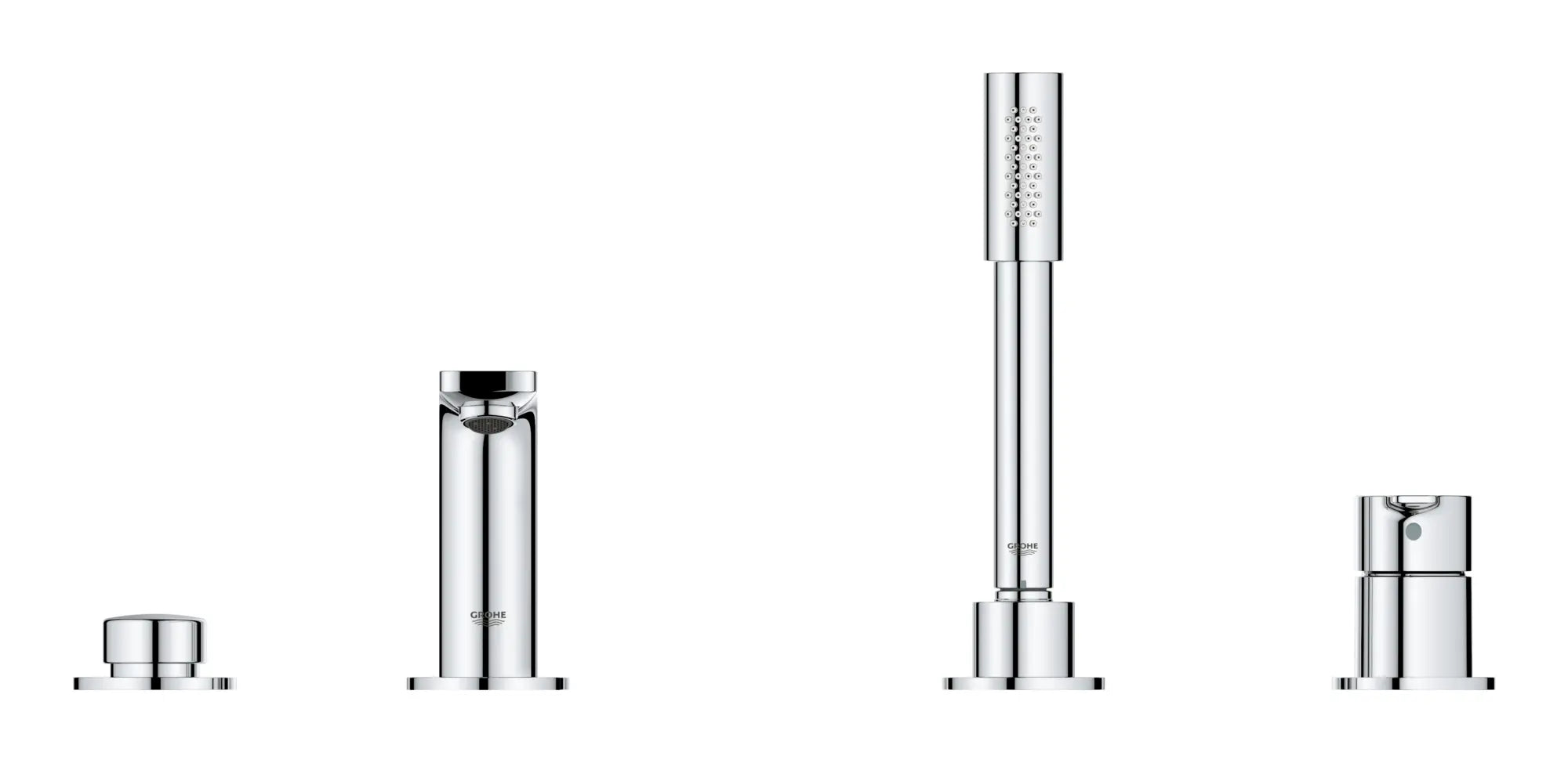 Robinet de baignoire romaine, 4 trous, à poignée simple, à montage sur tablier avec douchette 6,6 L/min (1,75 gpm) // CHROME STARLIGHT GROHE // 164151_19577001_000_01_1__0_CDNwebp.webp