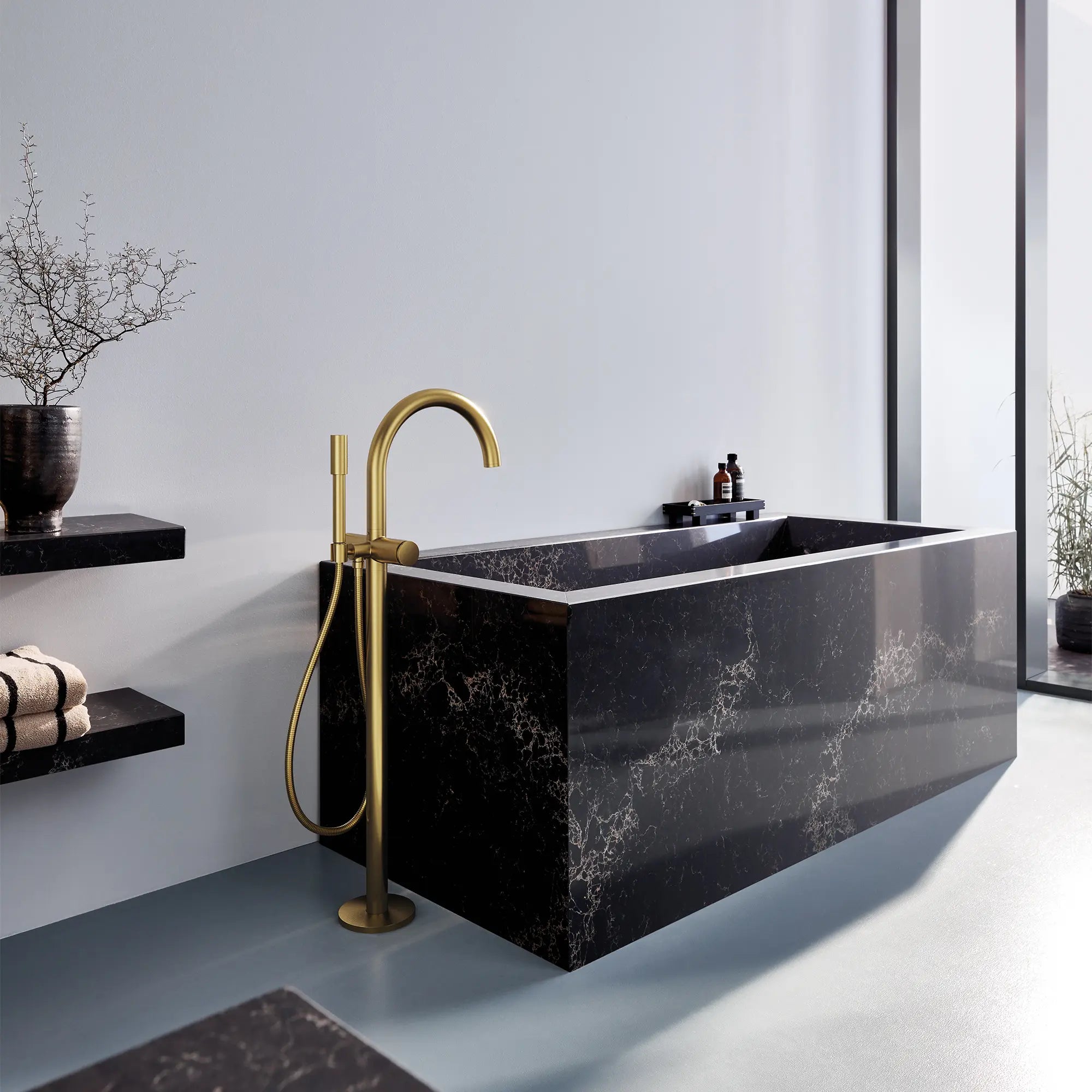 Robinet de baignoire à montage au sol avec douchette // NICKEL BROSSÉ INFINITYFINISH // 186622_Atrio_EnvironmentCloseUp_32653GN3_0001_Oct2023_0_CDNwebp_1ae3bfca-e334-4ef3-9c2c-aaab28e18e89.webp