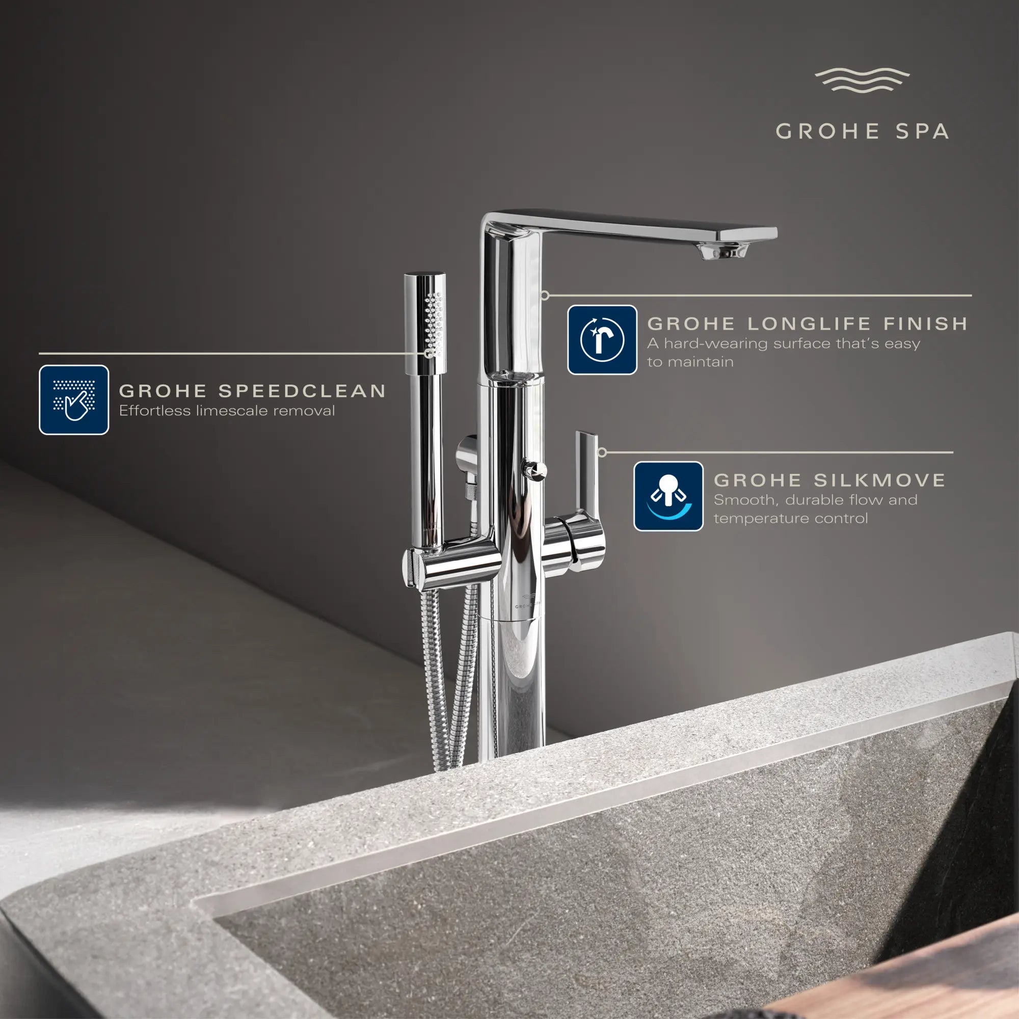 Robinet de baignoire autoportante à poignée simple avec douchette 6,6 L/min (1,75 GPM) // CHROME STARLIGHT GROHE // 234125_Allure_Infographic_25222_0001_APR2026_1_CDNwebp.webp