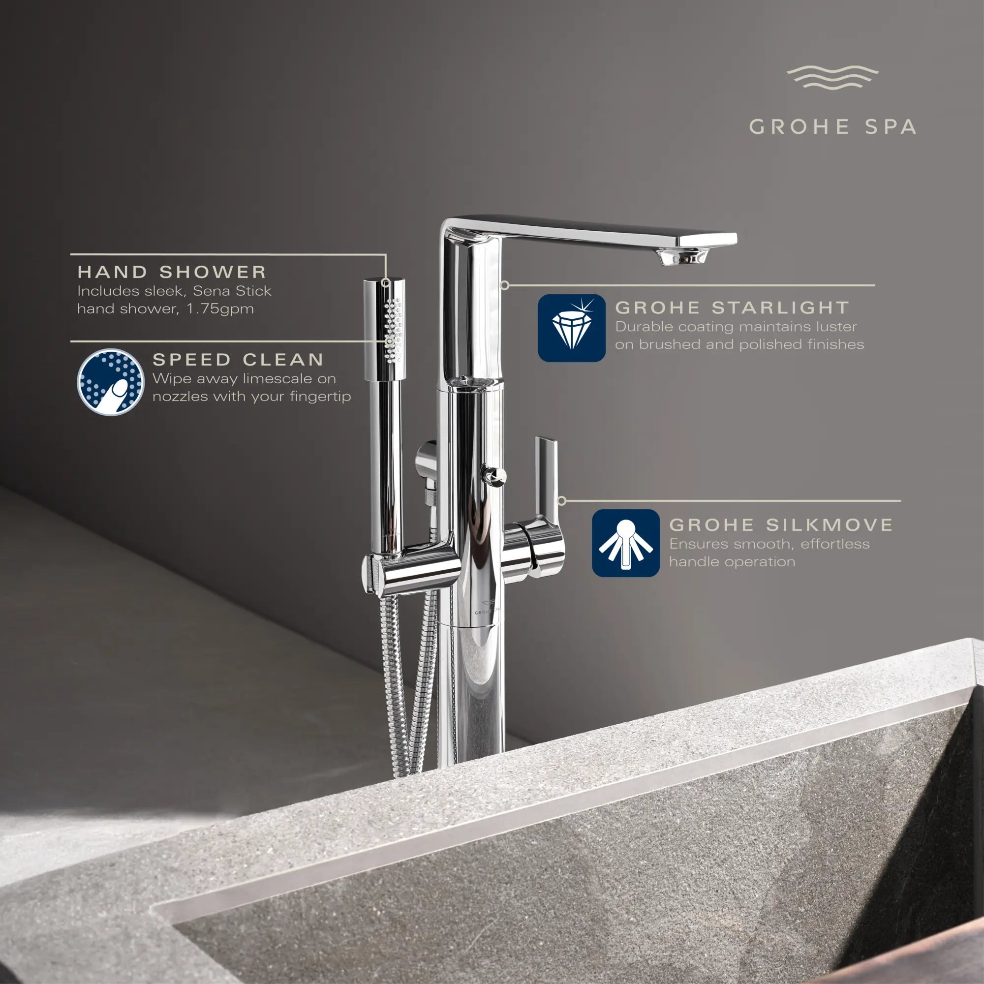 Robinet de baignoire autoportante à poignée simple avec douchette 6,6 L/min (1,75 GPM) // CHROME STARLIGHT GROHE // 234125_Allure_Infographic_25222_0001_DEC2023_CDNwebp.webp