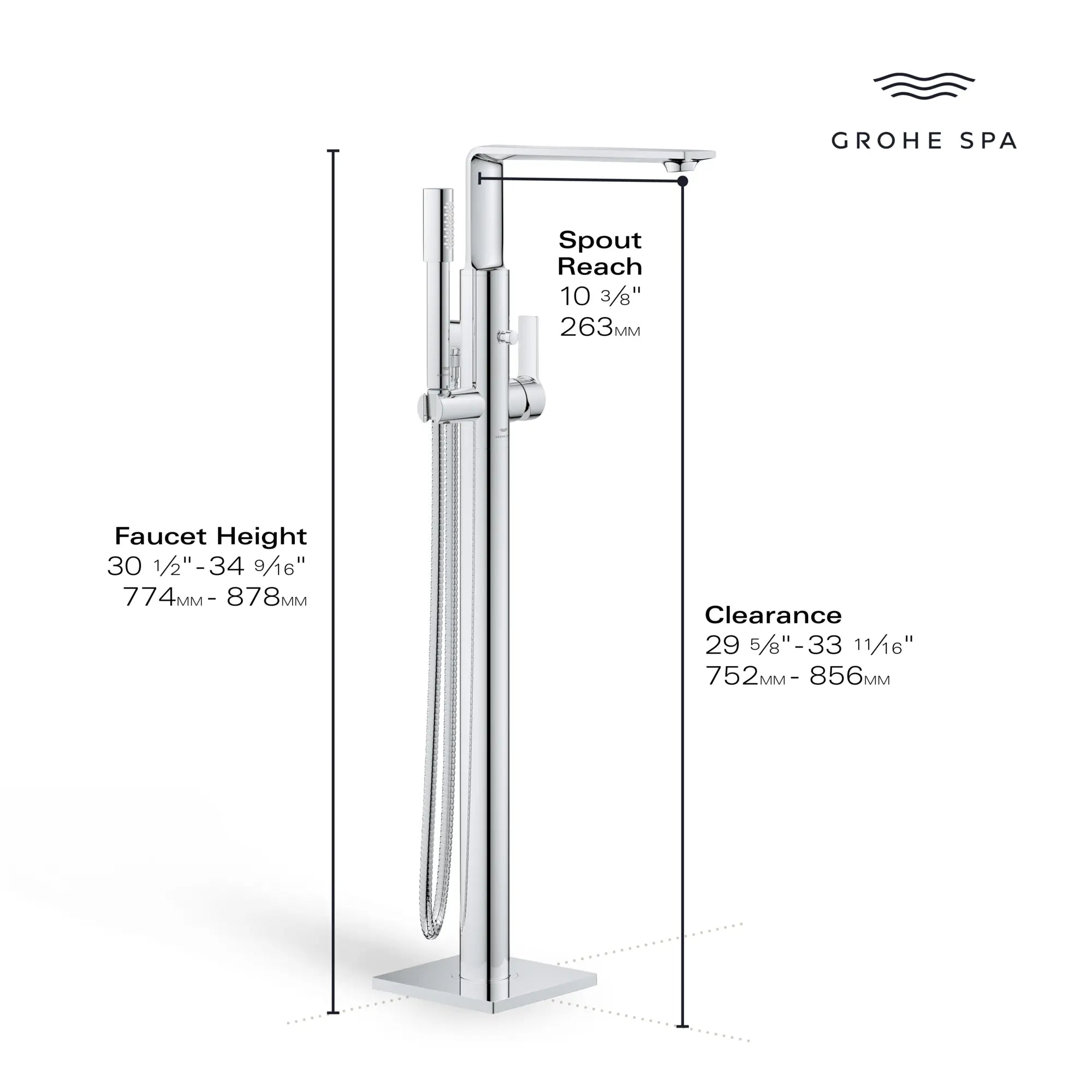 Robinet de baignoire autoportante à poignée simple avec douchette 6,6 L/min (1,75 GPM) // CHROME STARLIGHT GROHE // 234126_Allure_Infographic_25222_0002_DEC2023_CDNwebp.webp
