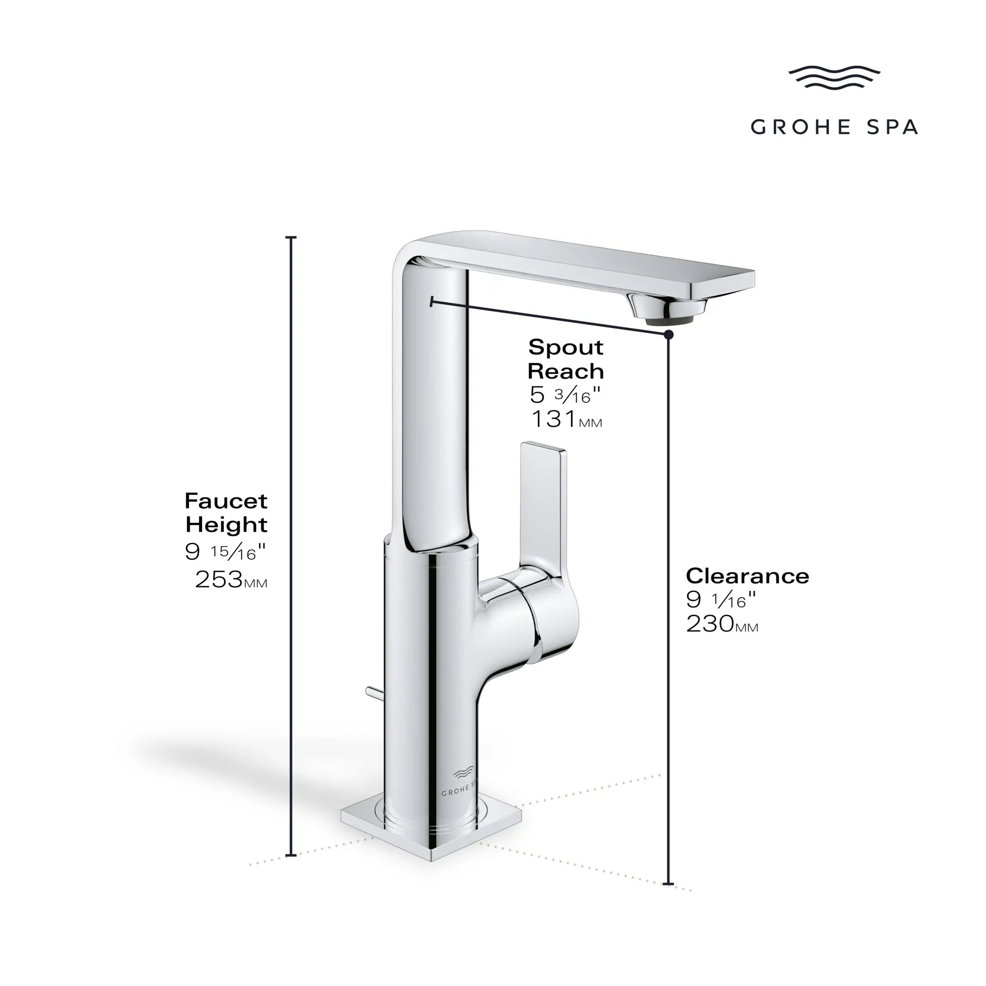 Grand robinet monotrou pour salle de bain, à poignée simple, 4,5 L/min (1,2 gpm) // CHROME STARLIGHT GROHE // 234127_Allure_Infographic_23858_0002_DEC2023_1_CDNwebp.webp