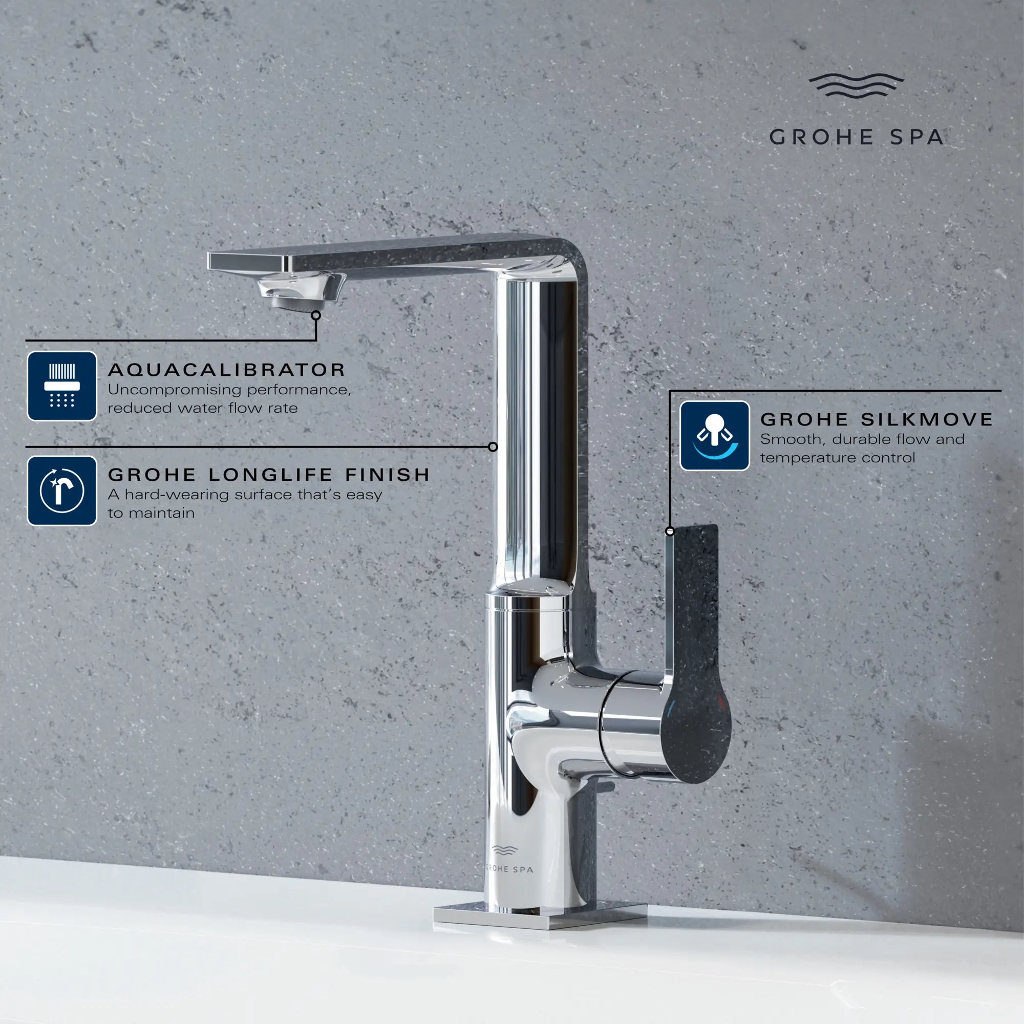 Grand robinet monotrou pour salle de bain, à poignée simple, 4,5 L/min (1,2 gpm) // CHROME STARLIGHT GROHE // 234128_Allure_Infographic_23858_0001_APR2026_1_CDNwebp.webp