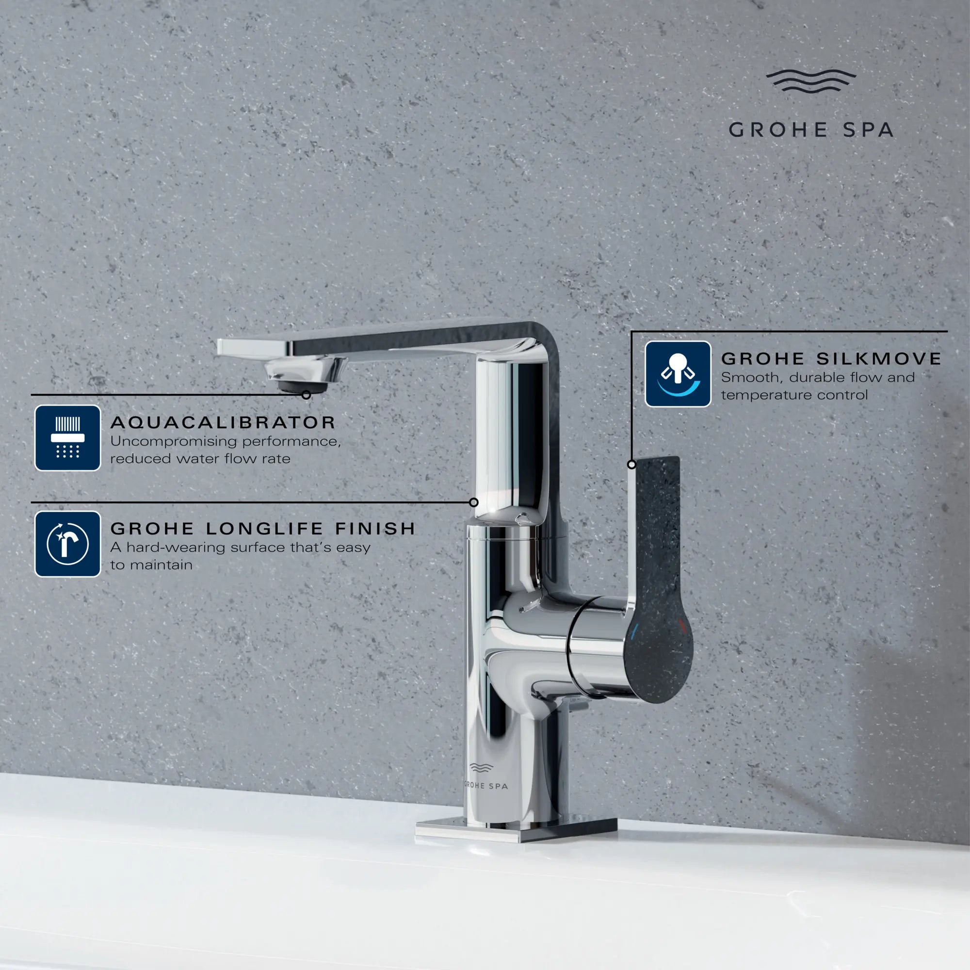 Robinet moyen, monotrou, à poignée simple, 4,5 L/min (1,2 gpm) // CHROME STARLIGHT GROHE // 234130_Allure_Infographic_23857_0001_APR2026_1_CDNwebp.webp