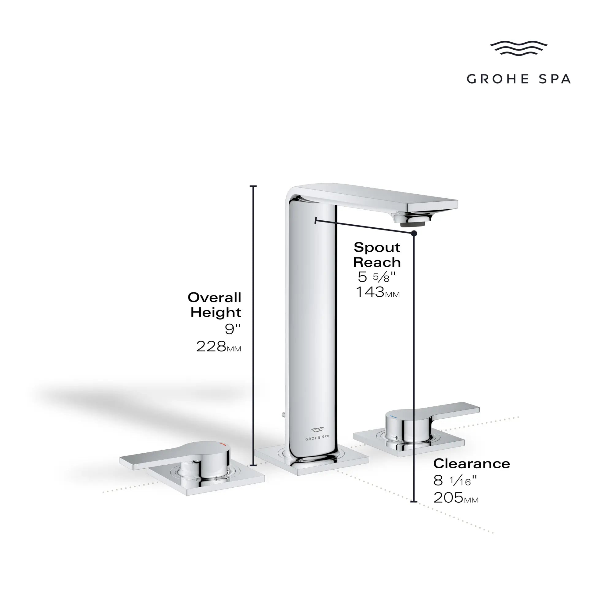 Robinet moyen de salle de bain, 8 po, à deux poignées, 4,5 L/min (1,2 gpm) // CHROME STARLIGHT GROHE // 234131_Allure_Infographic_20584_0002_DEC2023_2_CDNwebp.webp