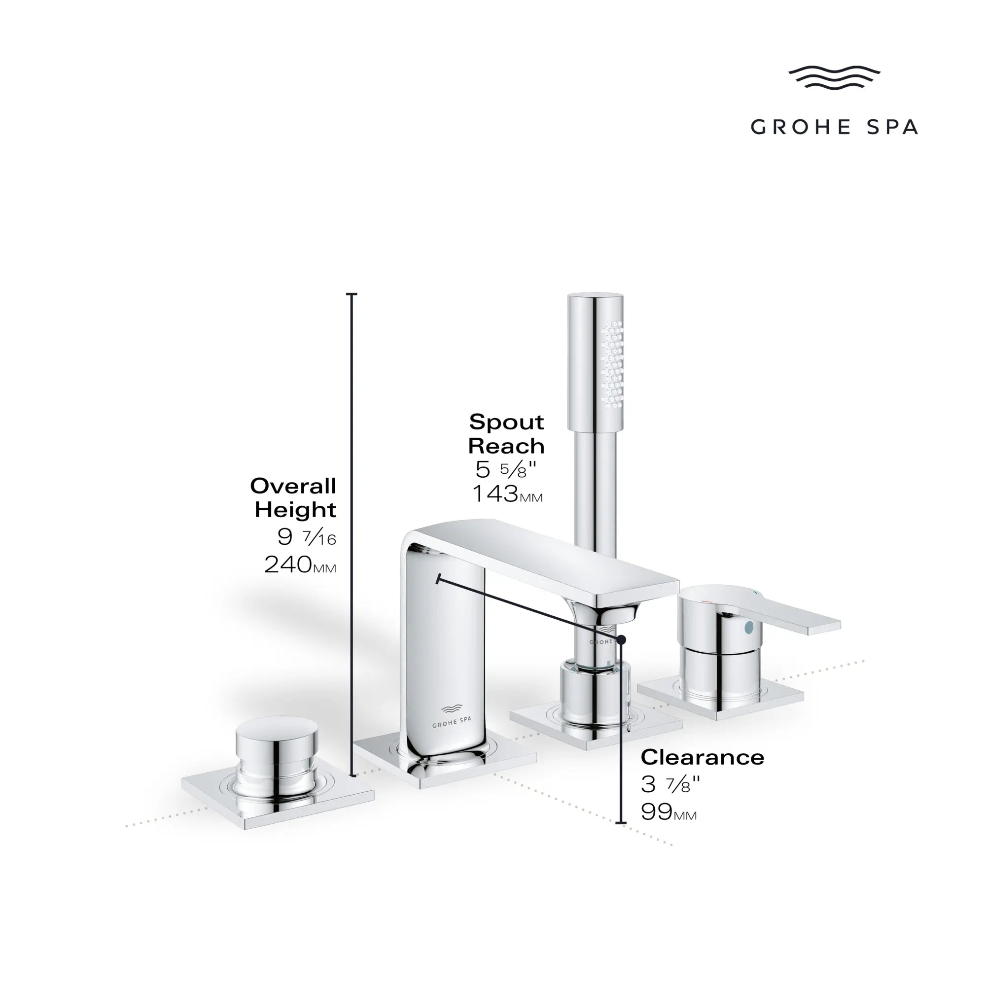 Robinet de baignoire romaine, 4 trous, à montage sur tablier avec douchette 6,6 L/min (1,75 gpm) // CHROME STARLIGHT GROHE // 234135_Allure_Infographic_19316_0002_DEC2023_CDNwebp.webp