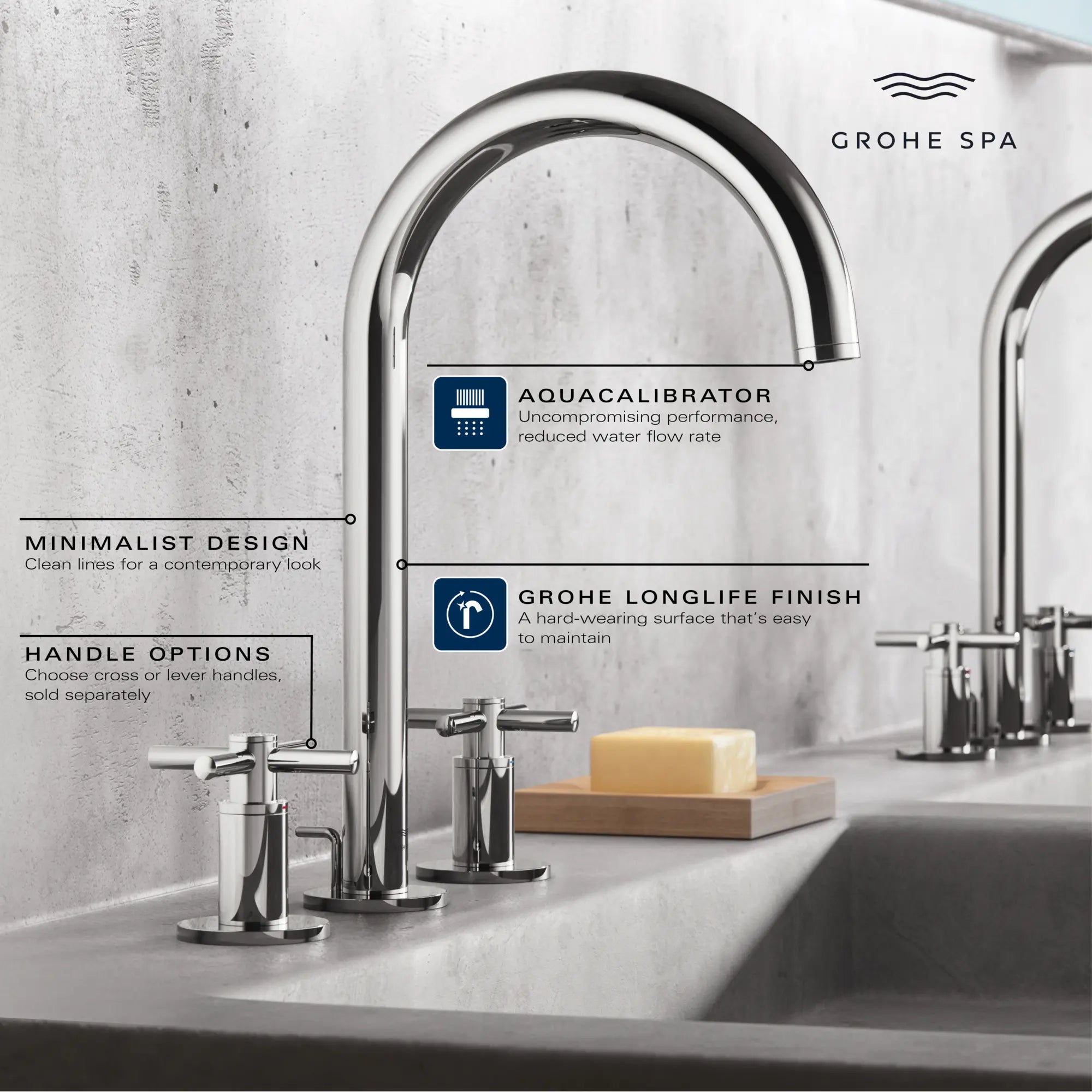 Robinet Moyen pour salle de bain, 8 po, 2 poignées, 4,5 L/min (1,2 gpm) // CHROME STARLIGHT GROHE // 235657_Atrio_Infographic_20659_0001_APR2026_1_CDNwebp.webp