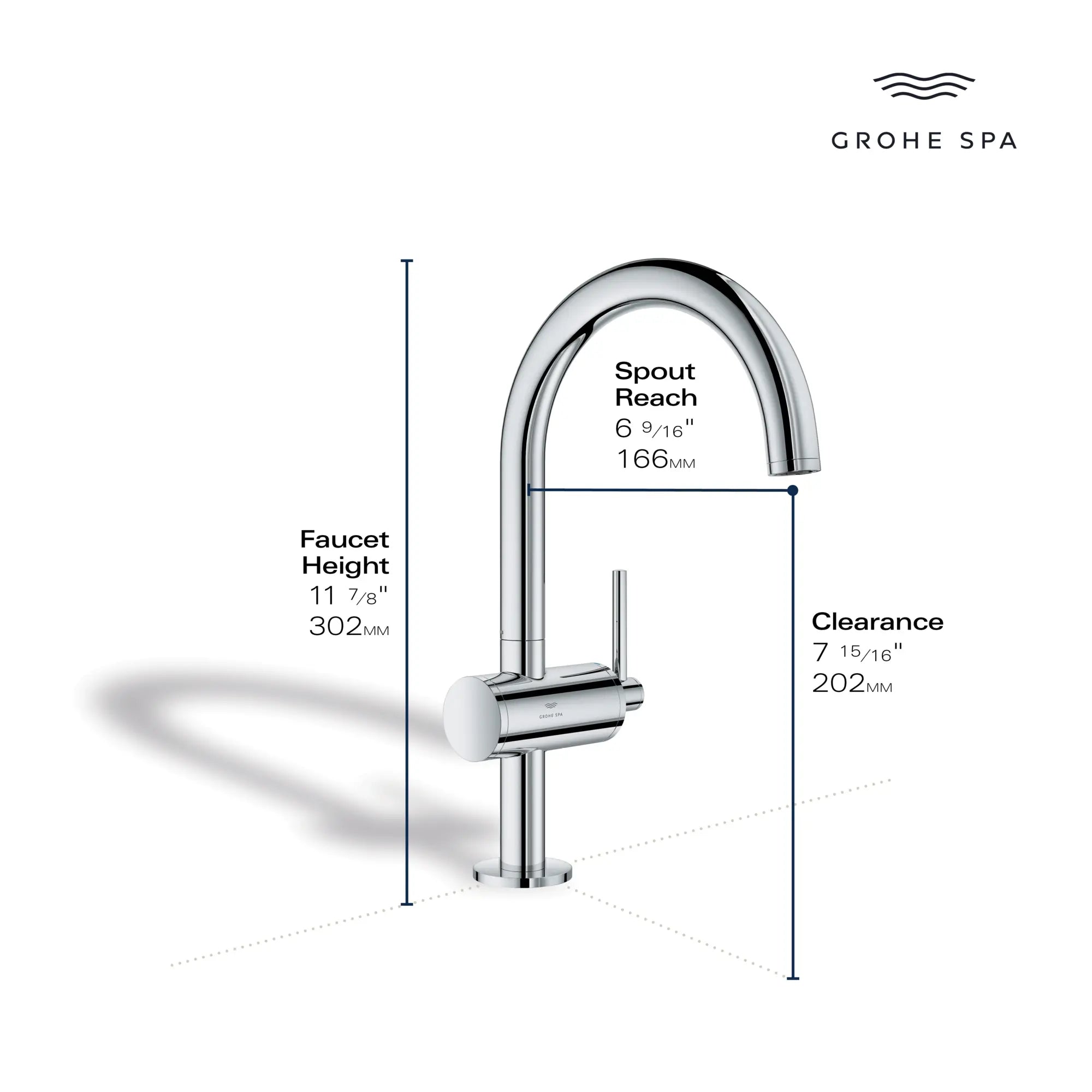 Grand robinet monotrou pour salle de bain, à poignée simple, 4,5 L/min (1,2 gpm) // CHROME STARLIGHT GROHE // 235661_Atrio_Infographic_24350_0001_APR2026_1_CDNwebp.webp