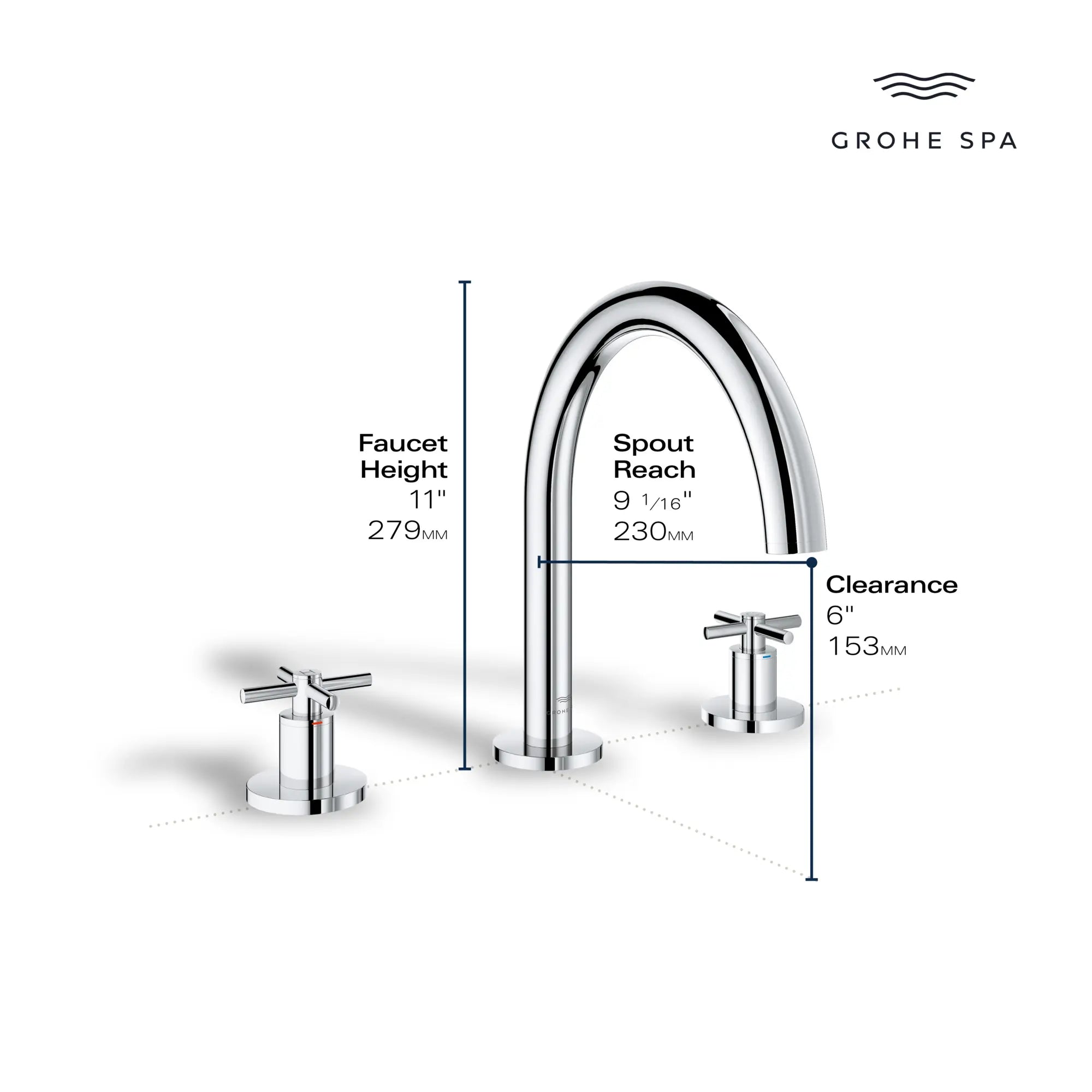 Robinet de baignoire romaine 3 trous, 2 poignées, à montage sur tablier // CHROME STARLIGHT GROHE // 235670_Atrio_Infographic_25273_0002_JAN2024_0_CDNwebp.webp
