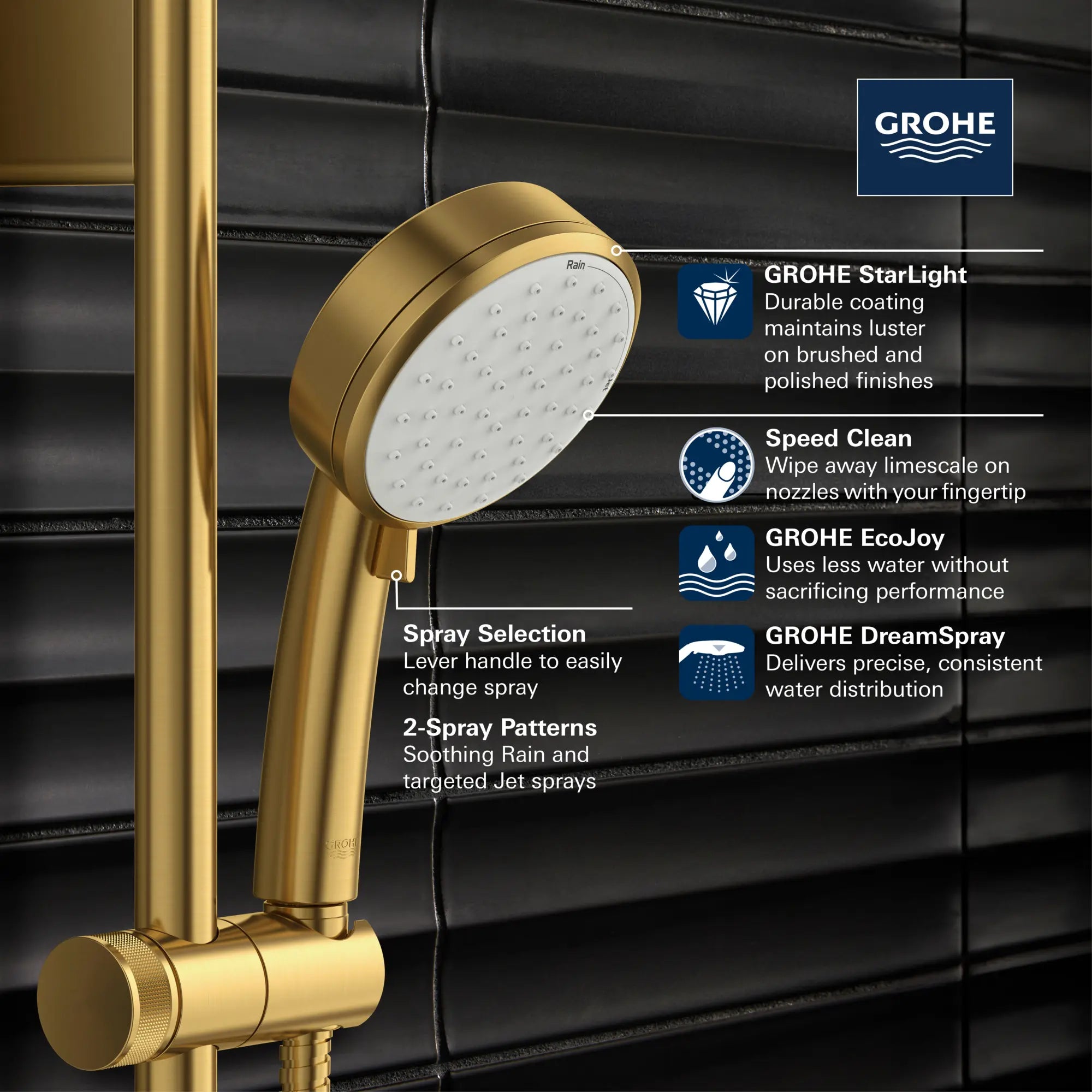 Douchette 100 - 2 jets, 6,6 L/min (1,75 gpm) // CHROME STARLIGHT GROHE // 235692_Tempesta_Infographic_26046_0001_JAN2024_CDNwebp.webp