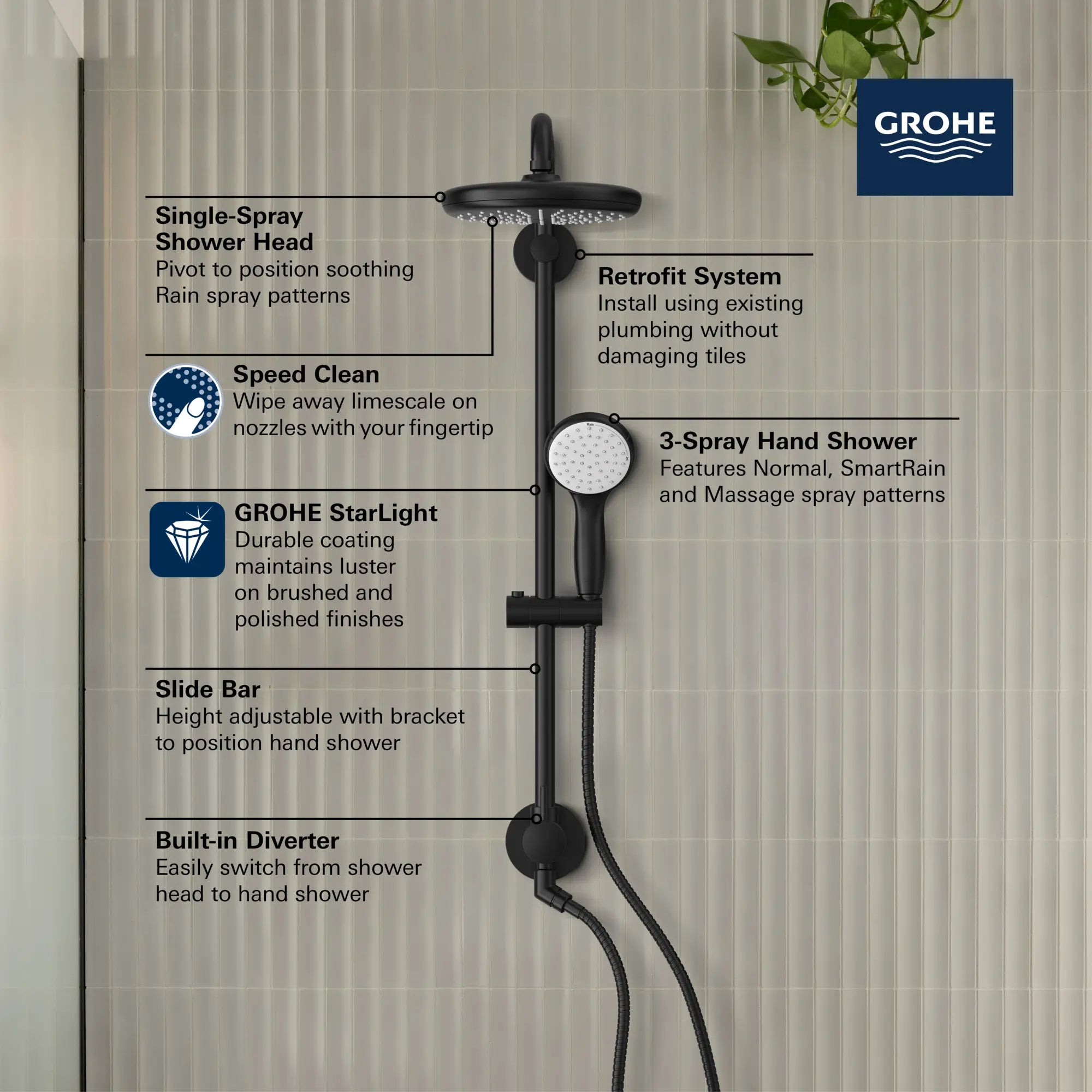 Système de douche Tempesta de 25 po, 6.6 L/min (1.75 gpm) // CHROME STARLIGHT GROHE // 235693_Tempesta_Infographic_26123_0001_JAN2024_CDNwebp.webp