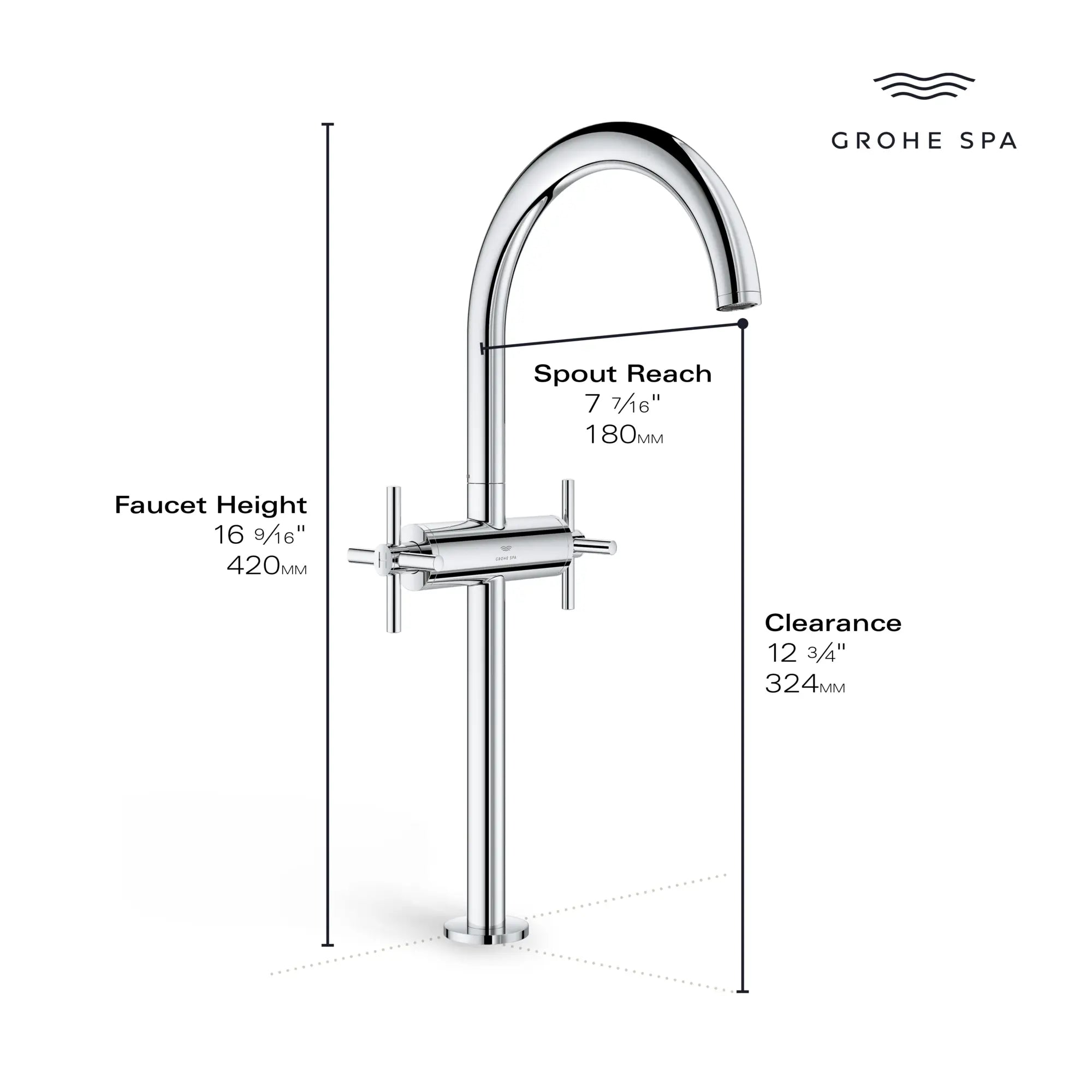 Robinet monotrou pour vasque, à deux poignée, à montage sur plan 4,5 L/min (1,2 gpm) // CHROME STARLIGHT GROHE // 236659_Atrio_Infographic_21161_0002_JAN2024_0_CDNwebp.webp