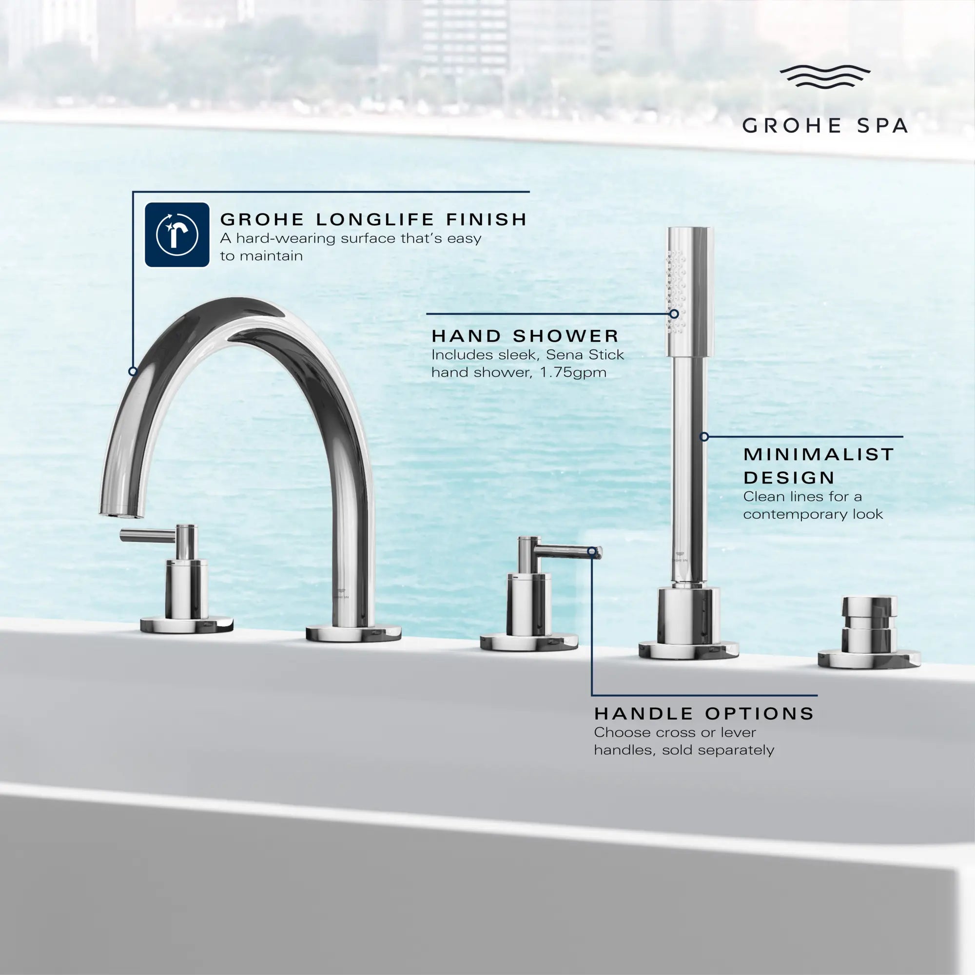 Robinet à trous pour baignoire romaine, à 2 poignée avec douchette 6,6 L/min (1,75 gpm) // CHROME STARLIGHT GROHE // 236661_Atrio_Infographic_25274_0001_MAY2026_1_CDNwebp.webp