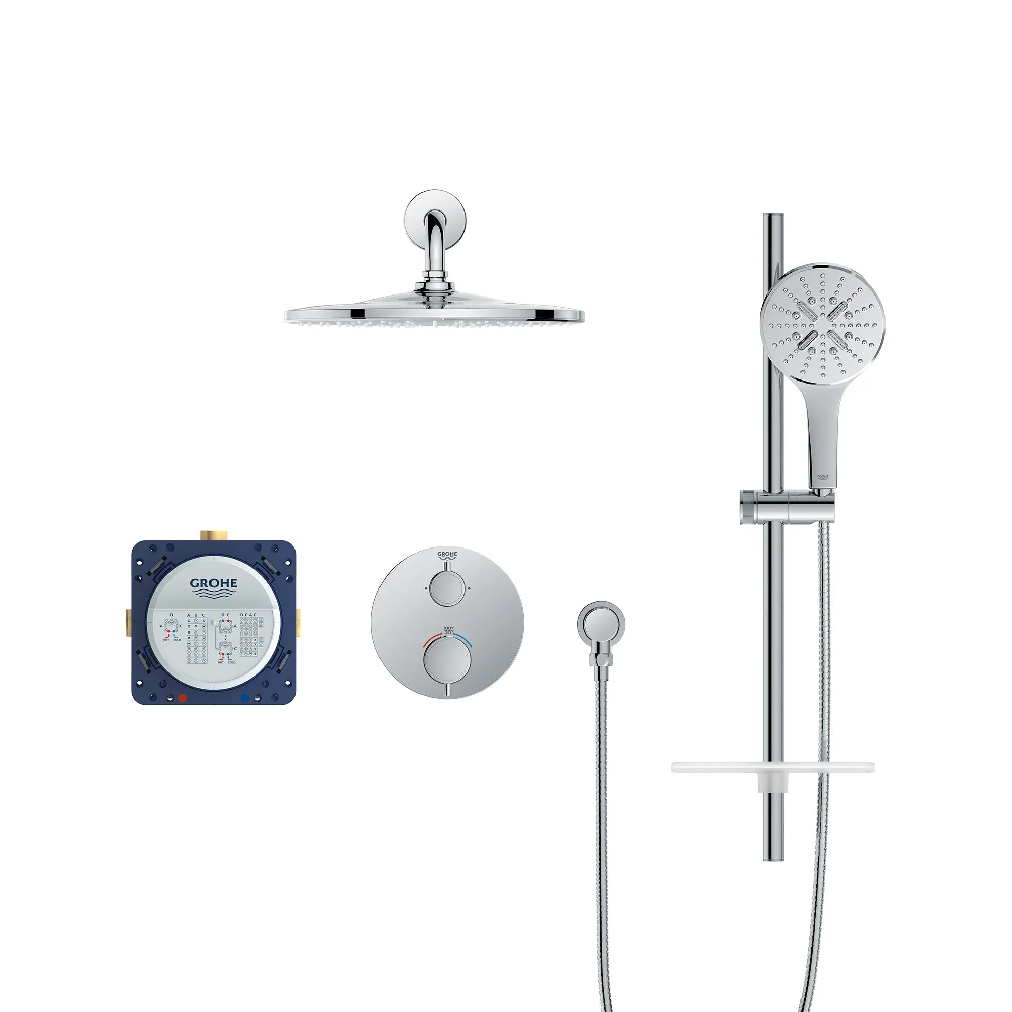 Rainshower GrohTherm - Ensemble de douche thermostatique à 2 poignées à fonction double // CHROME STARLIGHT GROHE // 236908_Rainshower_SmartControl_SiloFront_1030660000_0001_Jan2024_CDNwebp.webp