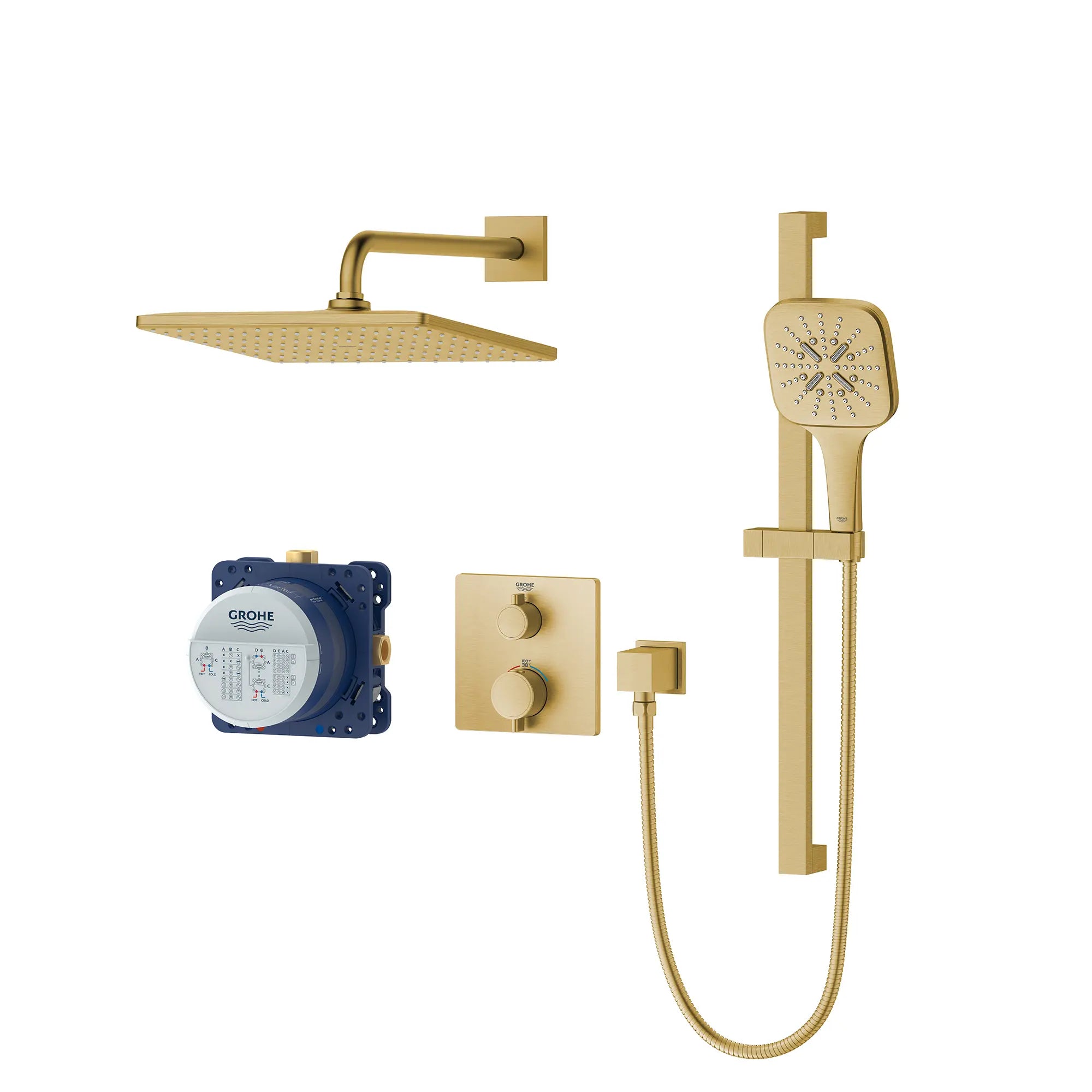 Rainshower GrohTherm - Ensemble de douche thermostatique à 2 poignées à fonction double // AUBE FRAÎCHE BROSSÉ // 236914_Rainshower_SmartControl_SiloLeft_103069GN00_0001_Jan2024_CDNwebp.webp