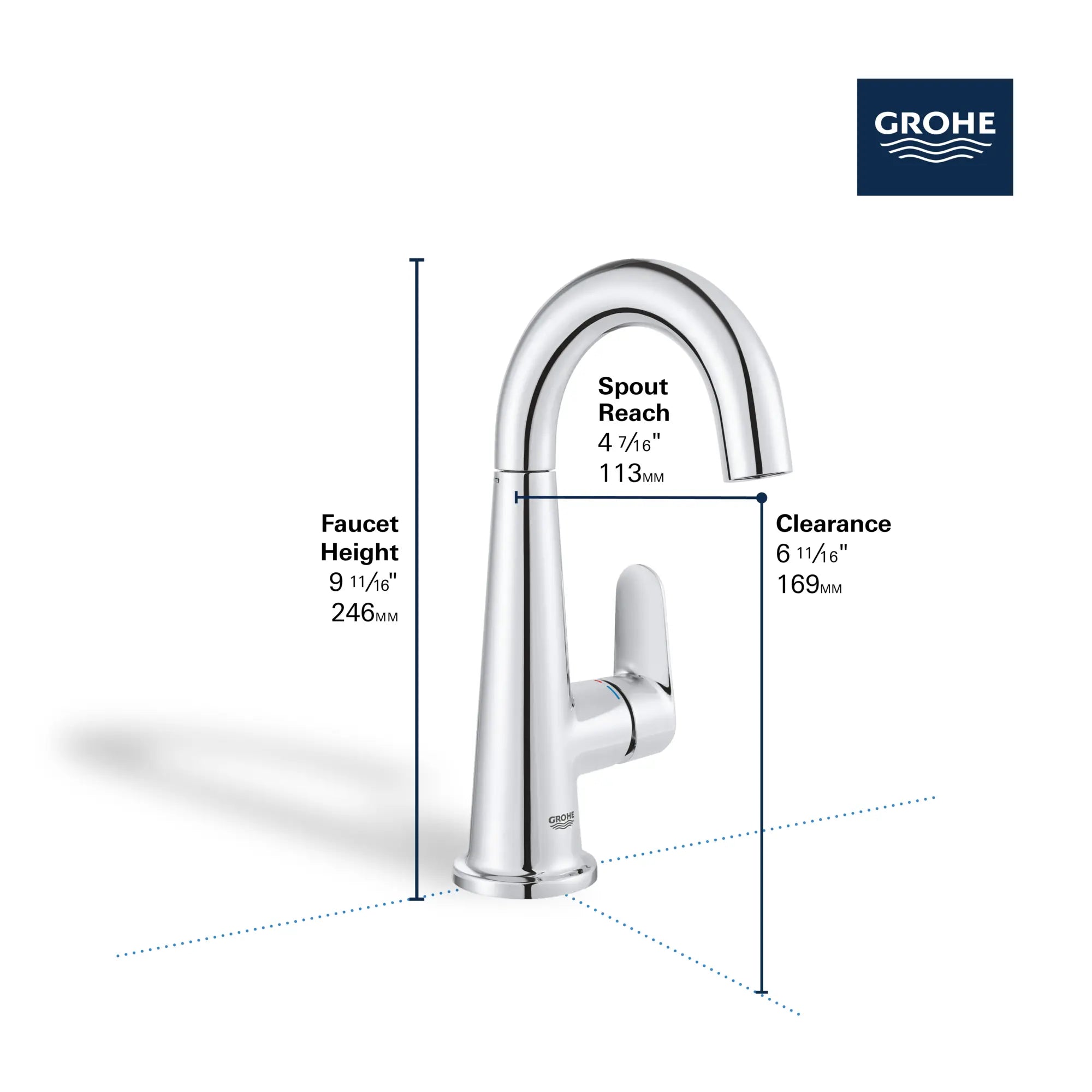 Robinet combiné de 4 po Veletto // CHROME STARLIGHT GROHE // 244577_Veletto_Infographic_23837_0002_JAN2024_CDNwebp.webp