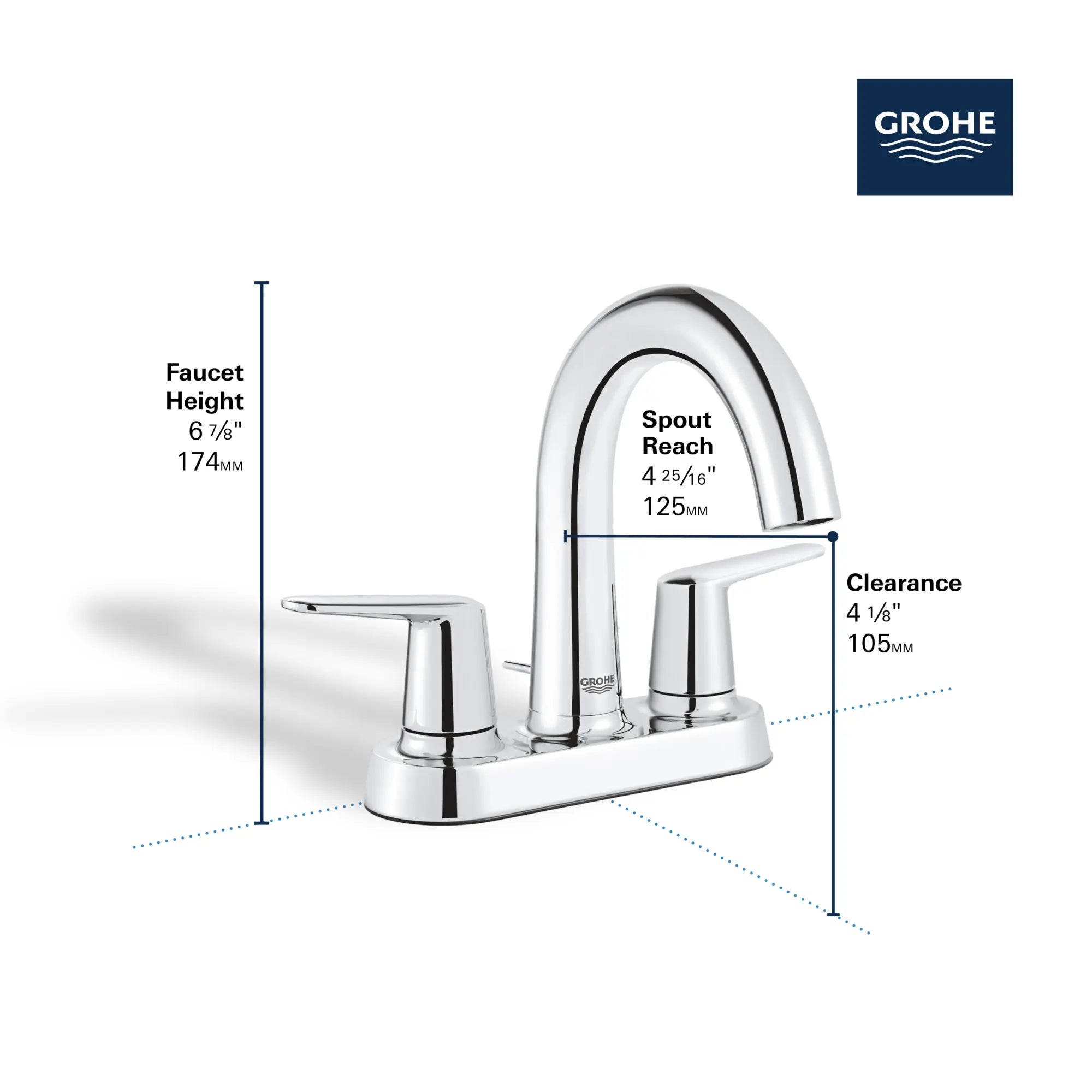 Robinet combiné de 4 po Veletto // CHROME STARLIGHT GROHE // 244578_Veletto_Infographic_20582_0002_JAN2024_CDNwebp.webp