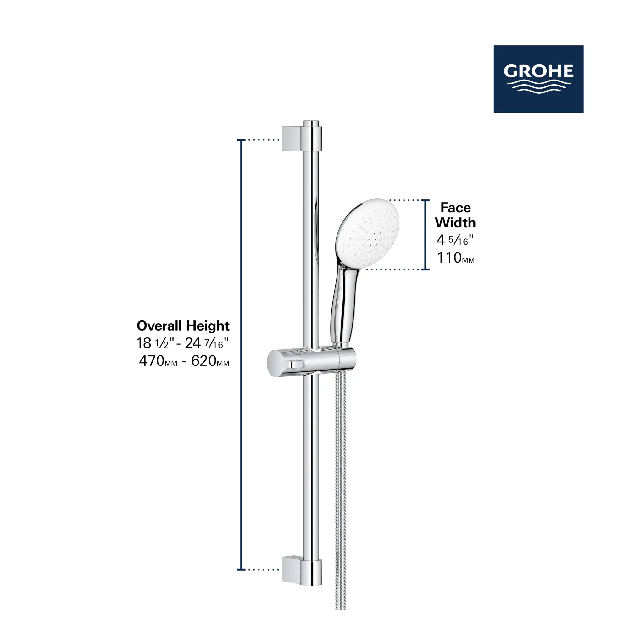 Tempesta 110 - Ensemble de barre de douche ronde, 24 po, 2 jets, 5,7 L/min (1,5 gpm) // CHROME STARLIGHT GROHE // 247189_Tempesta_Infographic_26077_0003_JUN2024_CDNwebp.webp