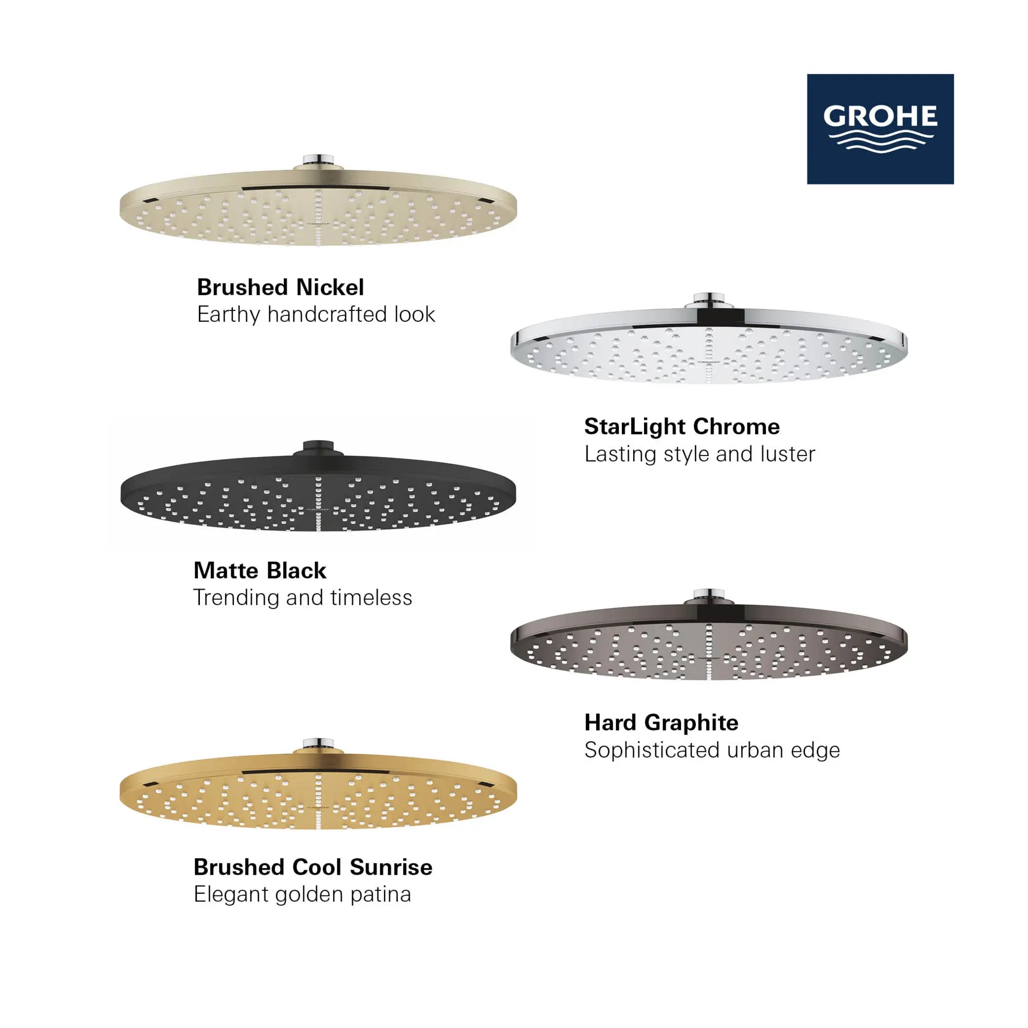 Pomme de douche 310 Mono de 12 po - 1 jet d’aspersion, 6,6 L/min (1,75 gpm) // NICKEL BROSSÉ INFINITYFINISH // 2488_GROHE_Matte_Black_Launch_FINISH_26569_0_Rainshower_Mono_310_Shower_Head_Info_1_0_CDNwebp.webp