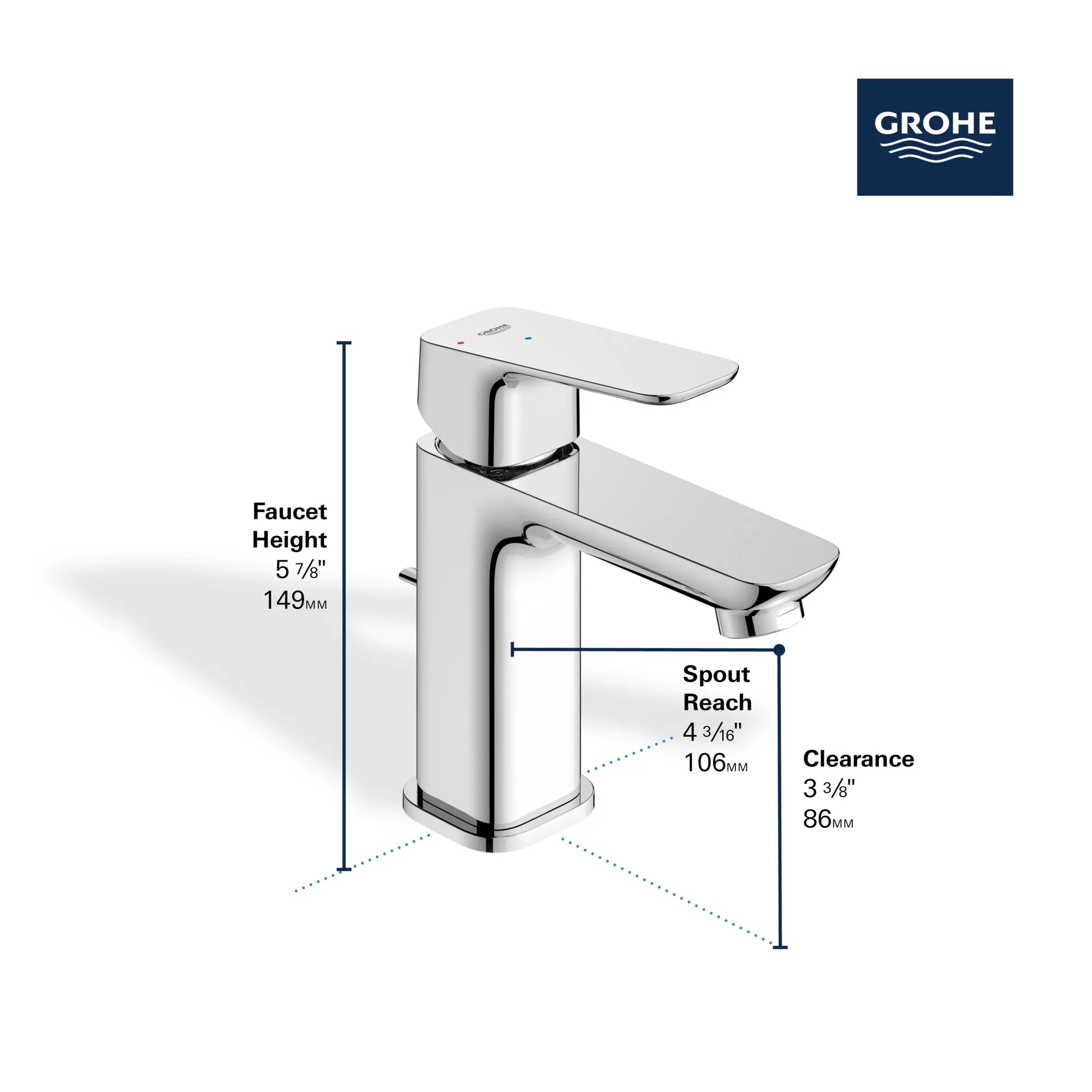 Robinet de salle de bain Cubeo à orifice et manette uniques, démarrage à froid, taille P, 4,5 L/min (1,2 gal/min) // CHROME STARLIGHT GROHE // 251865_CUBEO_Infographic_105349_0001_DEC2024_2_CDNwebp.webp