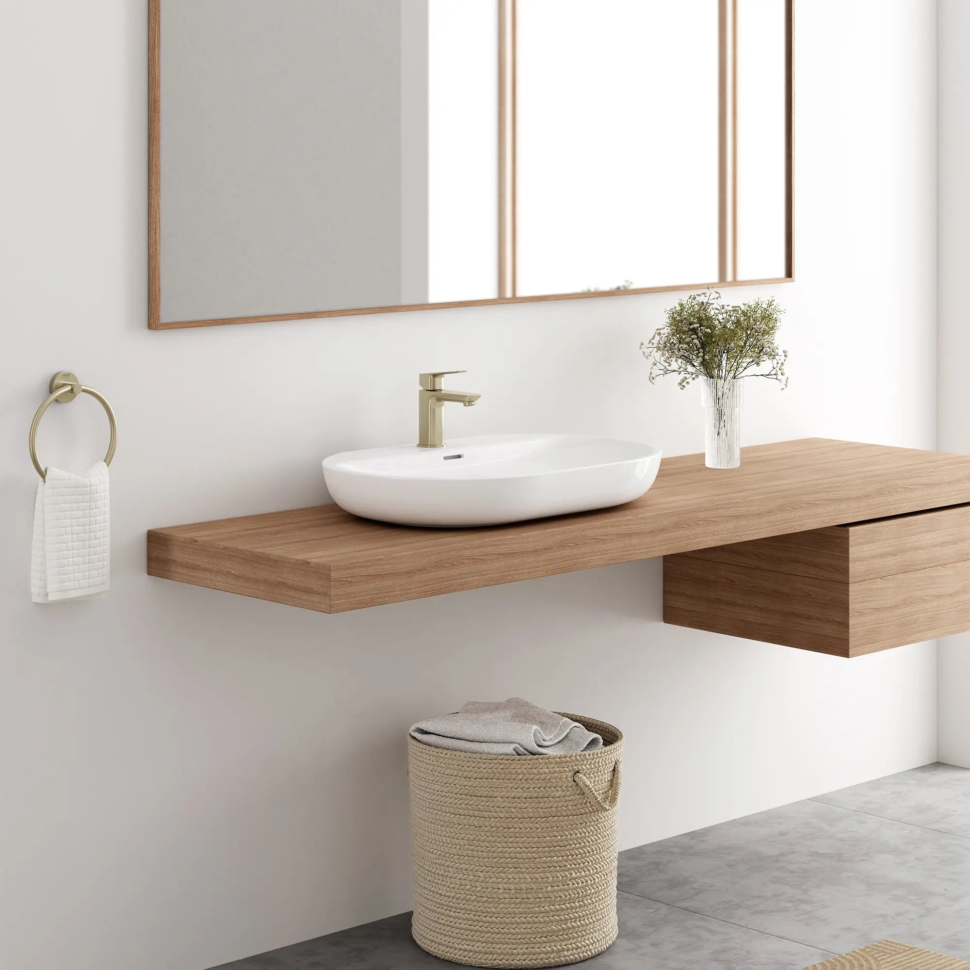 Robinet de salle de bain à orifice et manette uniques Cubeo, taille P, 4,5 l/min (1,2 gal/min) // NICKEL BROSSÉ INFINITYFINISH // 253068_Cubeo_EnvironmentCloseUp_101898EN00_39669000_40365EN00_0001_OCTOBER2024_2_CDNwebp.webp