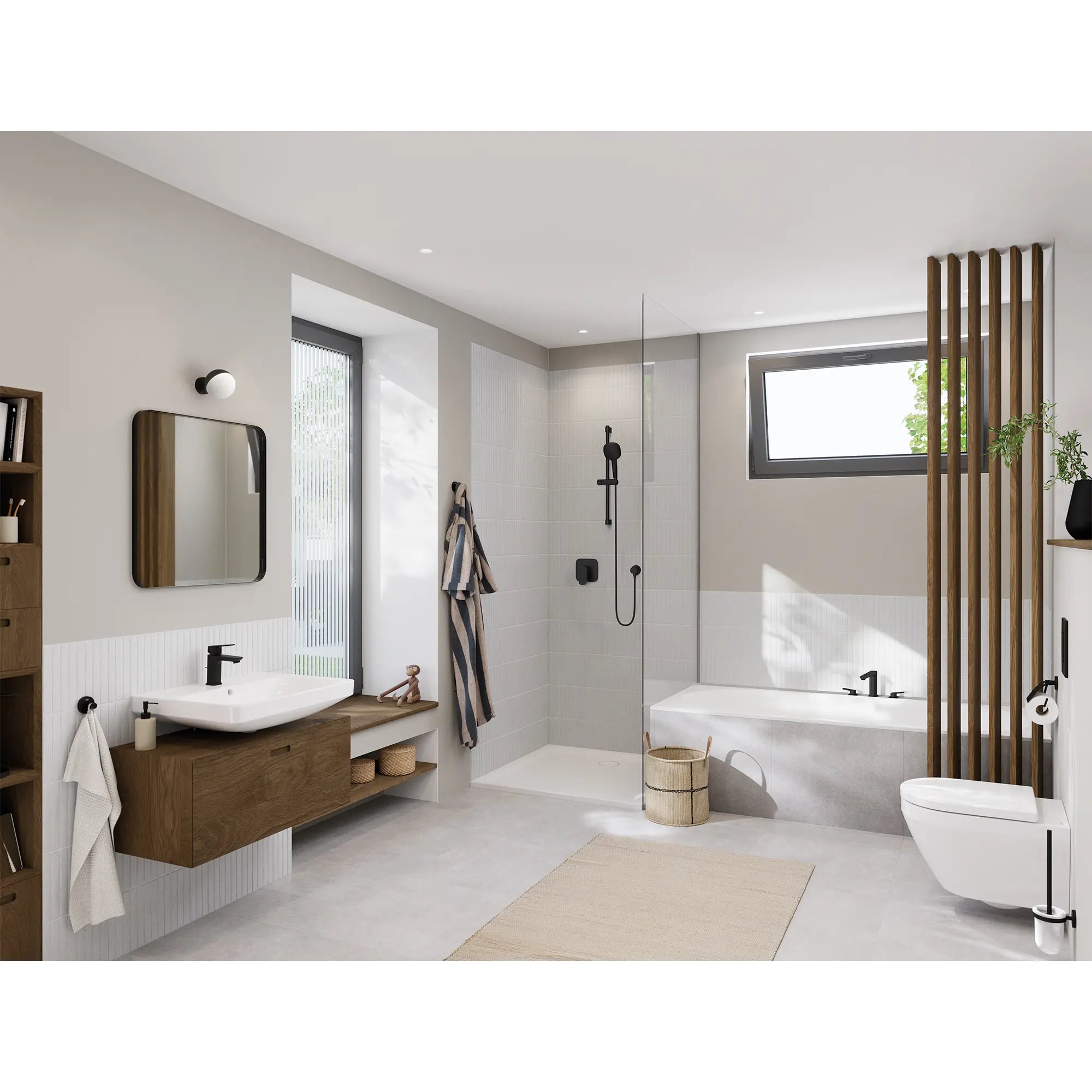 Robinet de salle de bain à orifice et manette uniques Cubeo, taille P, 4,5 l/min (1,2 gal/min) // NOIR MAT // 260326_GROHE_Cubeo_Rubber_EnvironmentFull_1018982430_1019232430_1019282430_269062432_266362431_0001_JANUARY2025_CDNwebp.webp