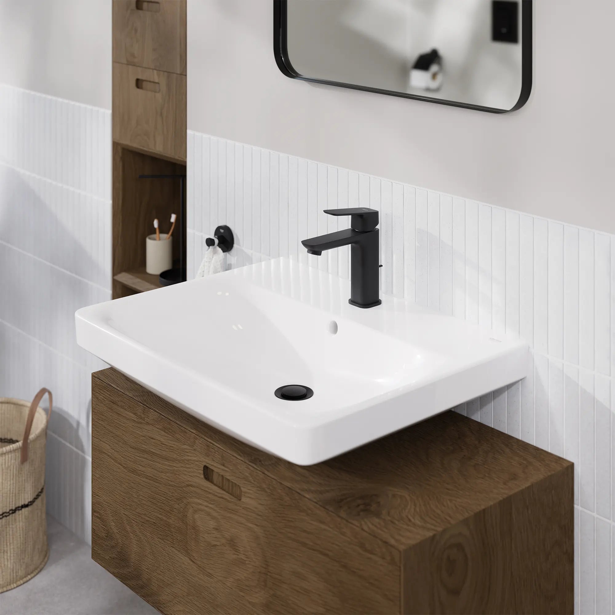 Robinet de salle de bain à orifice et manette uniques Cubeo, taille P, 4,5 l/min (1,2 gal/min) // NOIR MAT // 260327_GROHE_Cubeo_Rubber_EnvironmentCloseUp_1018982430_0003_JANUARY2025_CDNwebp.webp