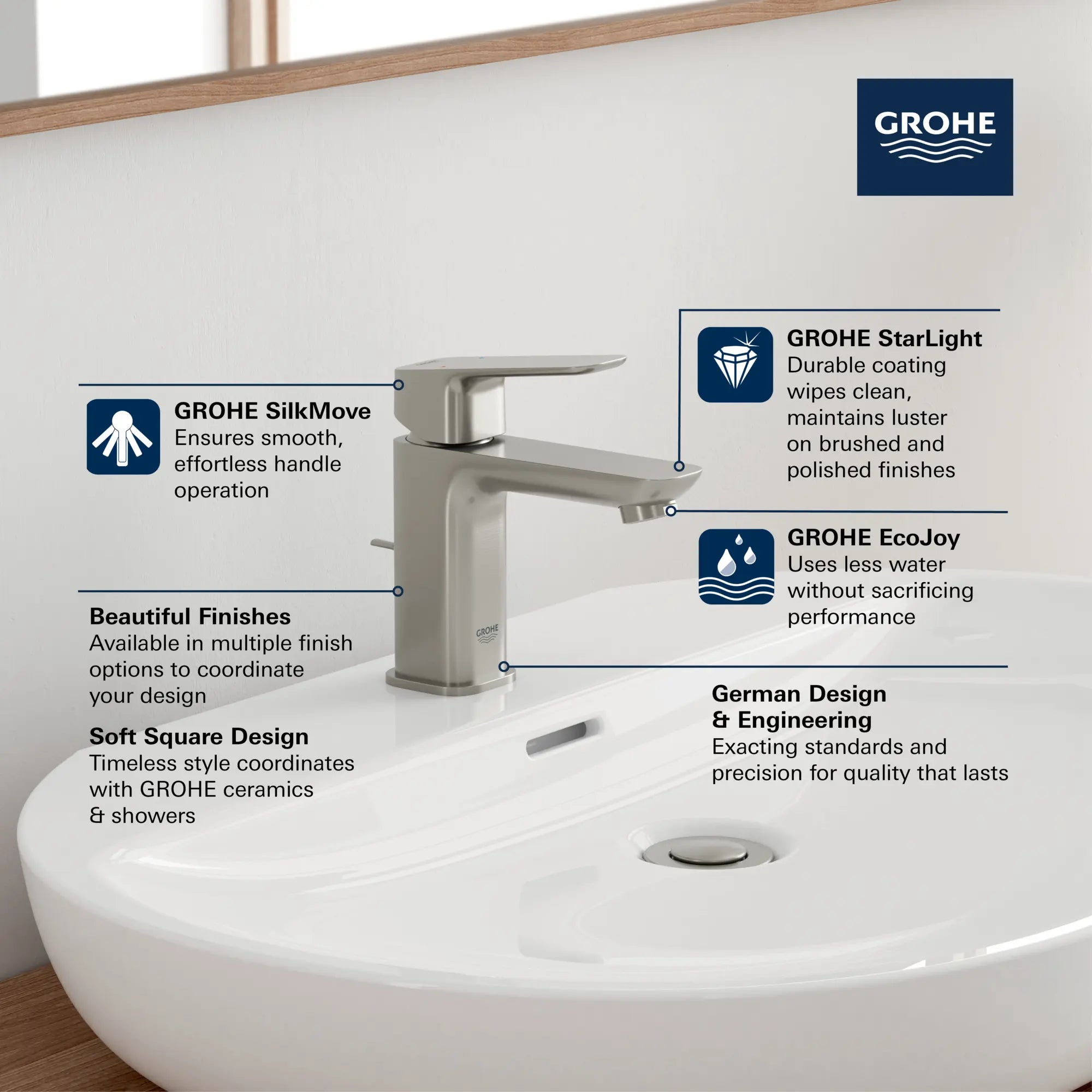 Robinet de salle de bain à orifice et manette uniques Cubeo, taille P, 4,5 l/min (1,2 gal/min) // AUBE FRAÎCHE BROSSÉ // 260633_GROHE_CUBEO_Softsquare_1018980000_0001_MAR2025_0_CDNwebp.webp