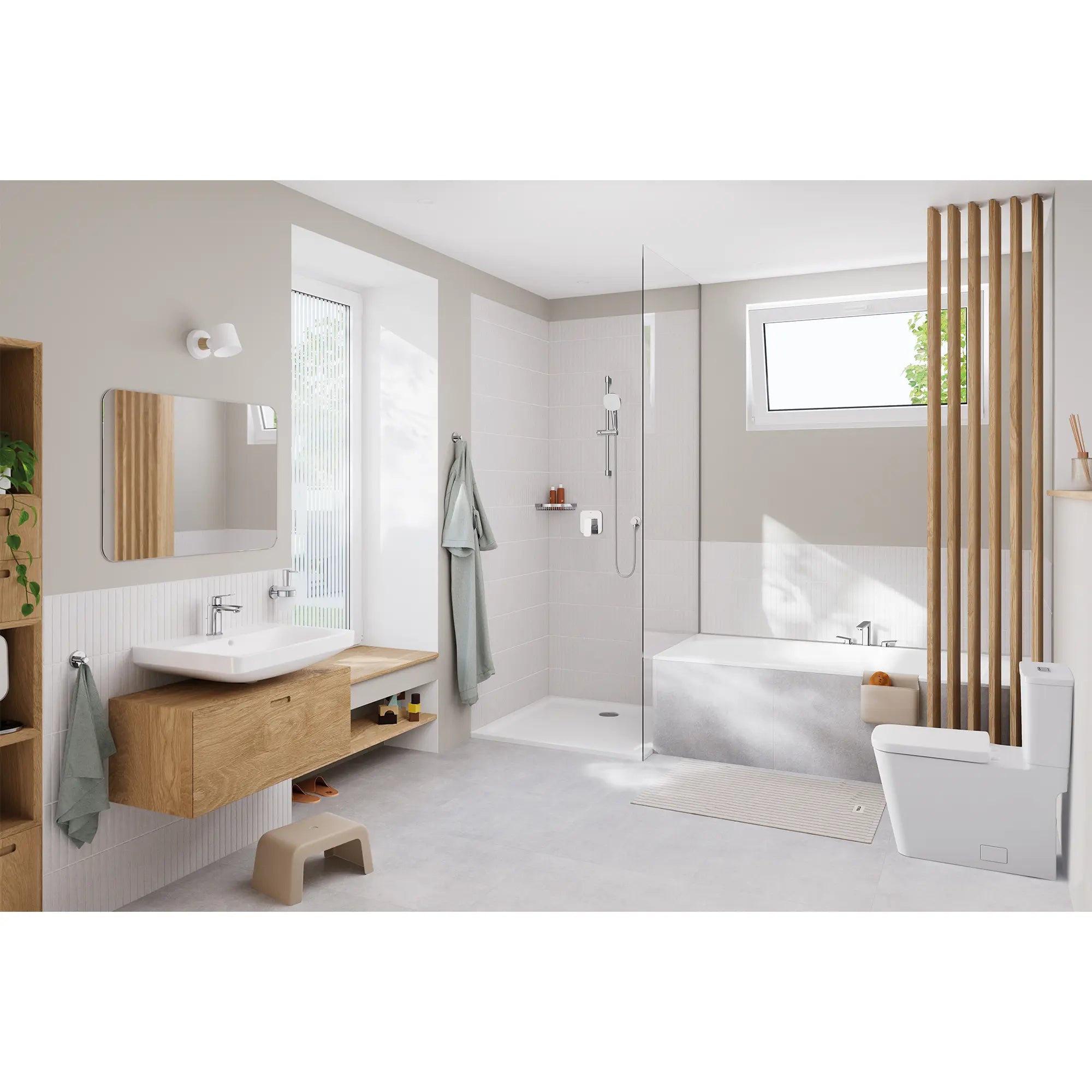 Robinet de salle de bain à orifice et manette uniques Cubeo, taille P, 4,5 l/min (1,2 gal/min) // CHROME STARLIGHT GROHE // 261326_Cubeo_EnvironmentFull_1018980000_1019220000_1019280000_26906002_0001_JANUARY2025_1_CDNwebp.webp