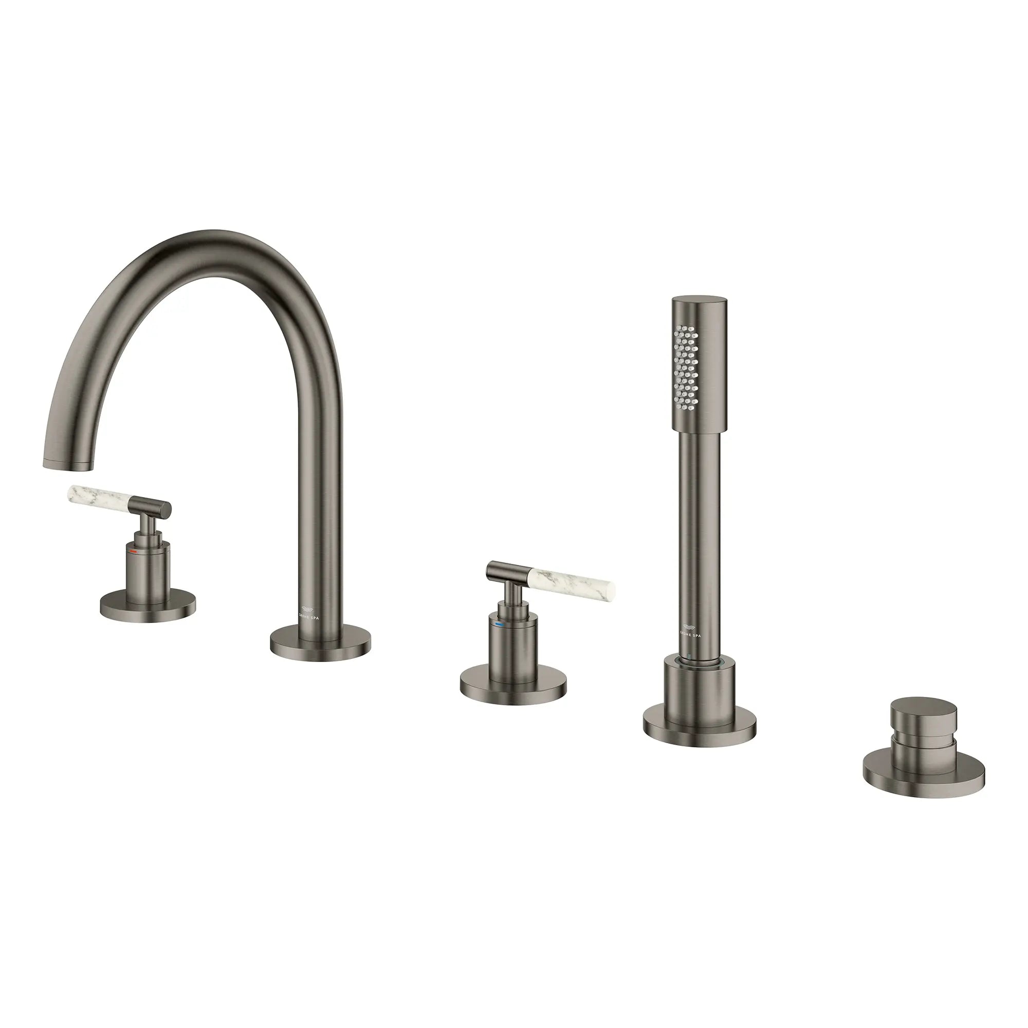 Robinet à trous pour baignoire romaine, à 2 poignée avec douchette 6,6 L/min (1,75 gpm) // BRUSHED HARD GRAPHITE // 266634_Atrio_PC_SiloLeft_25274AL00_48464AL00_0001_July2025_0_CDNwebp.webp