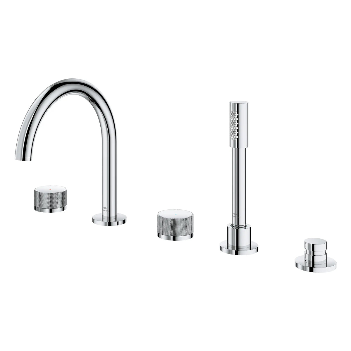 Robinet de remplissage de baignoire monté sur plan, à deux manettes et cinq trous, avec les manettes bouton, avec douchette à main de 6,6 l/min (1,75 gal/min) // CHROME STARLIGHT GROHE // 266680_Atrio_PC_SiloLeft_1053500000_0001_July2025_0_CDNwebp.webp