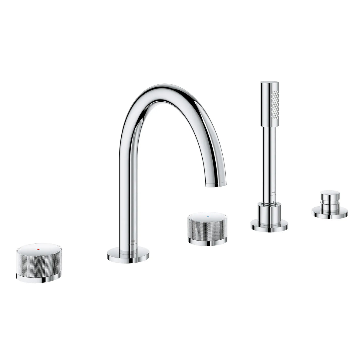 Robinet de remplissage de baignoire monté sur plan, à deux manettes et cinq trous, avec les manettes bouton, avec douchette à main de 6,6 l/min (1,75 gal/min) // CHROME STARLIGHT GROHE // 266681_Atrio_PC_SiloRight_1053500000_0001_July2025_0_CDNwebp.webp