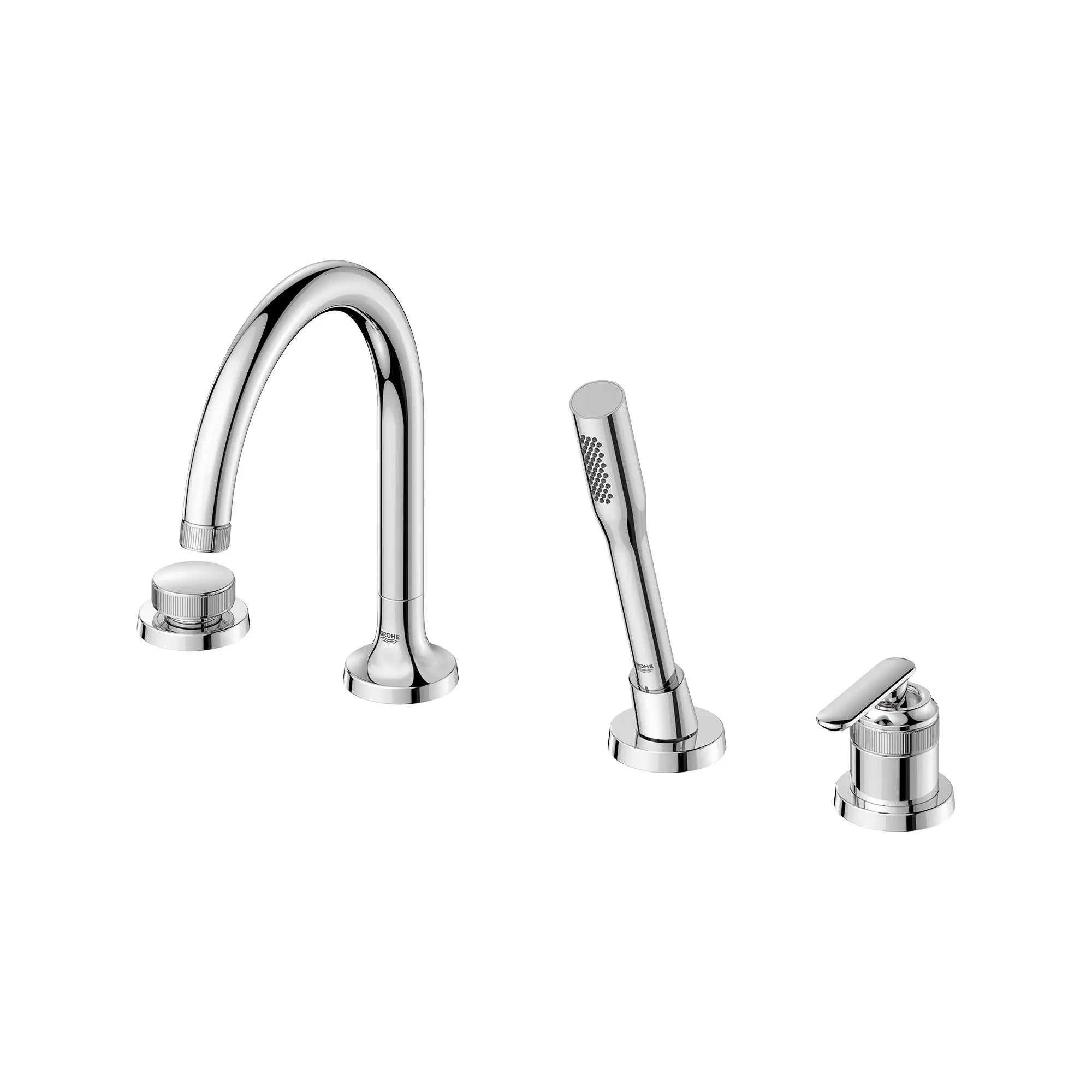 Robinet de baignoire romaine Listra à 4 trous et une seule manette monté sur plan avec douche à main de 6,6 l/min (1,75 gal/min) // CHROME STARLIGHT GROHE // 268318_Listra_SiloLeft_1062370000_0001_SEPTEMBER2024_0_CDNwebp.webp