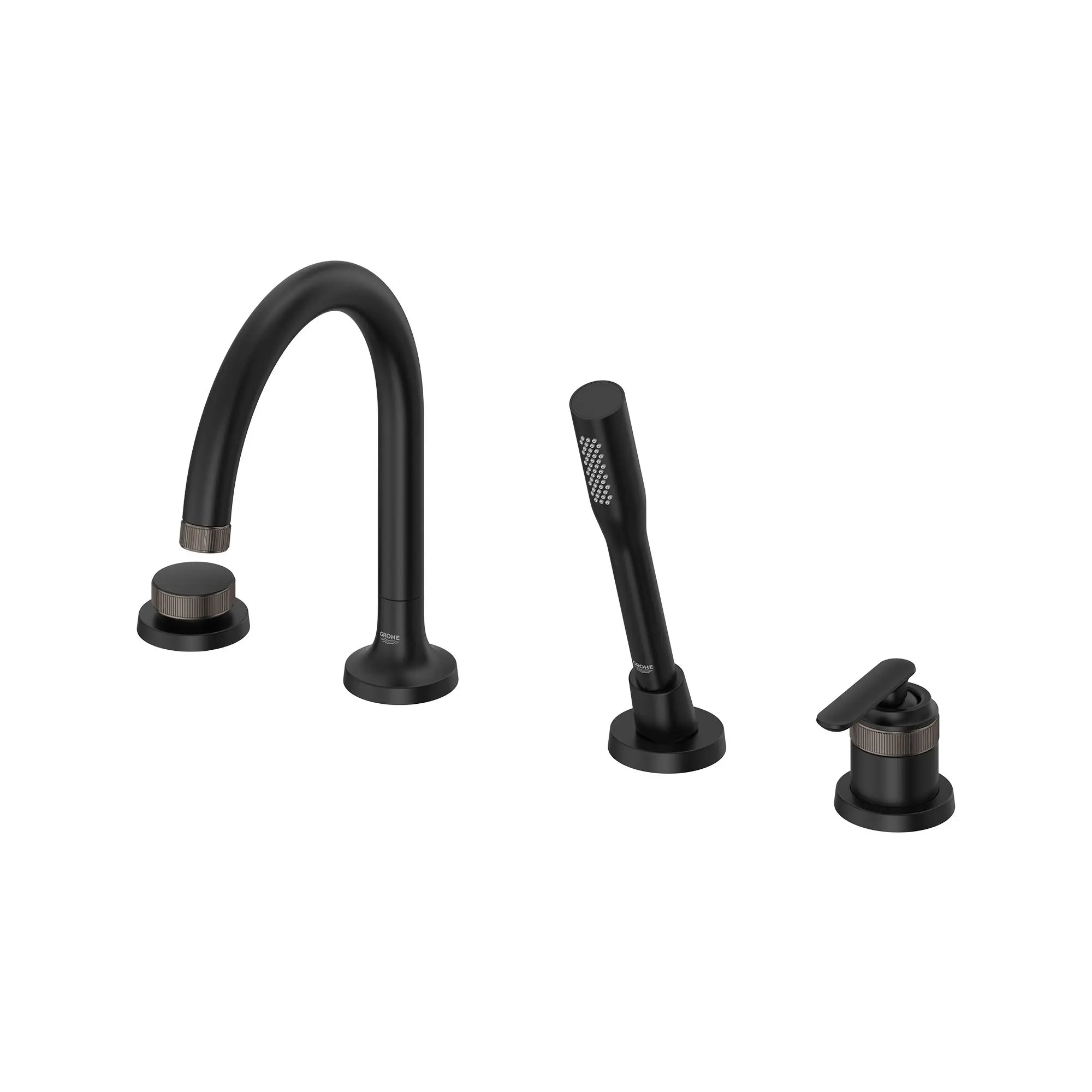 Robinet de baignoire romaine Listra à 4 trous et une seule manette monté sur plan avec douche à main de 6,6 l/min (1,75 gal/min) // NOIR MAT // 268415_Listra_SiloLeft_1062372430_0001_SEPTEMBER2024_0_CDNwebp.webp