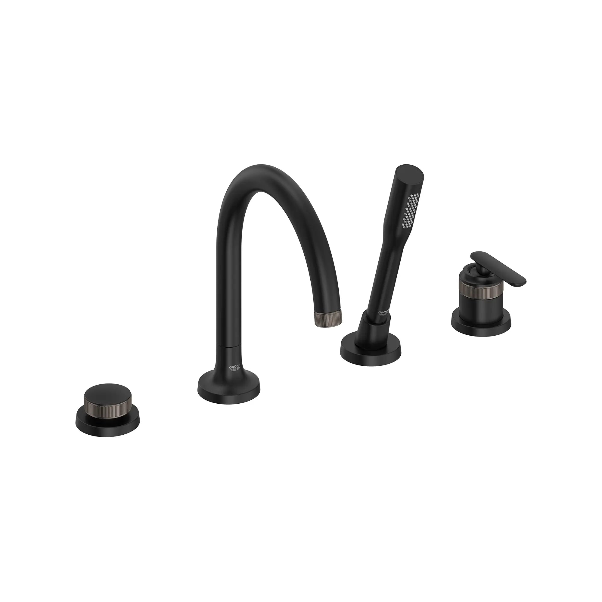 Robinet de baignoire romaine Listra à 4 trous et une seule manette monté sur plan avec douche à main de 6,6 l/min (1,75 gal/min) // NOIR MAT // 268440_Listra_SiloRight_1062372430_0001_SEPTEMBER2024_0_CDNwebp.webp