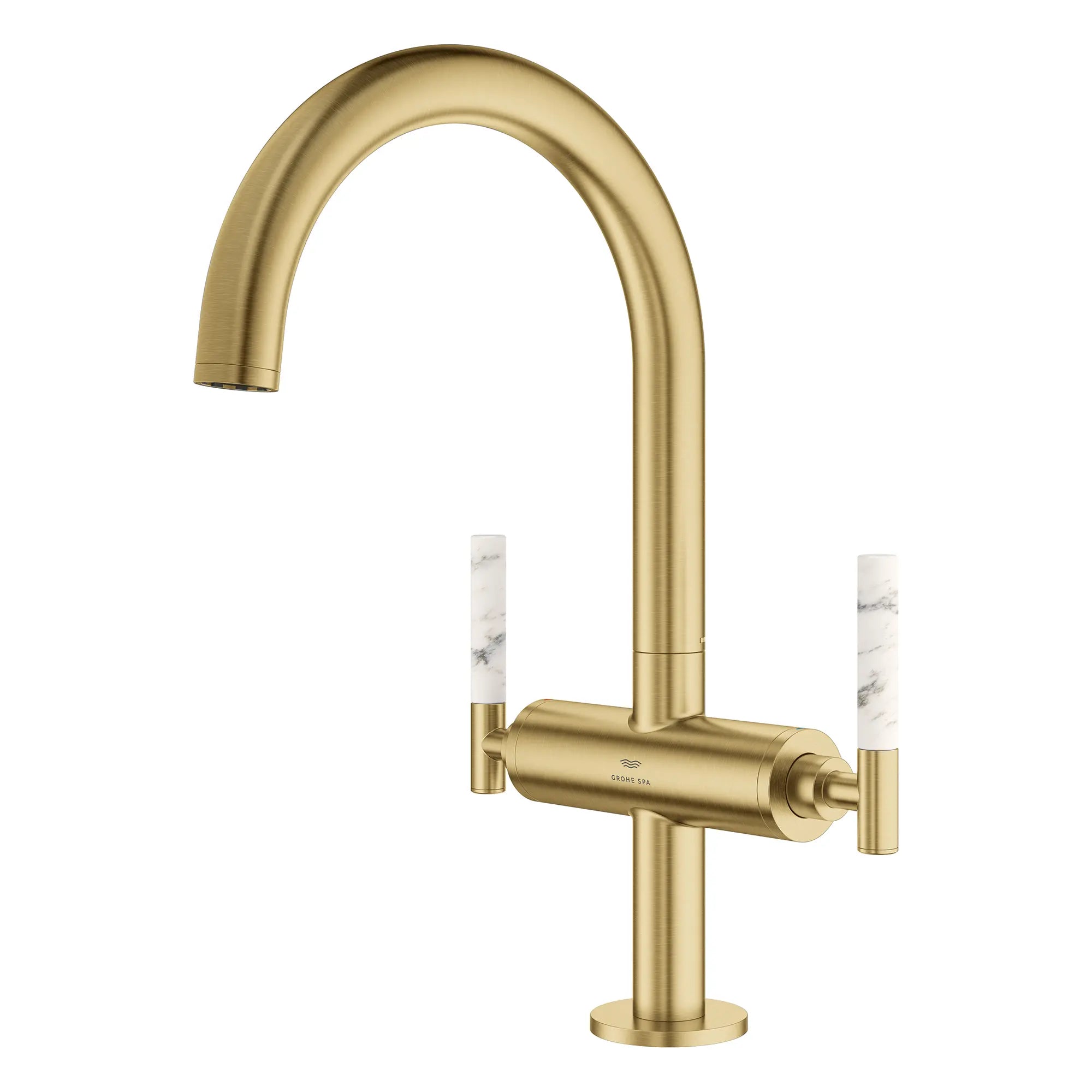 Grand robinet monotrou à deux poignées pour salle de bain 4,5 L/min (1,2 gpm) // BRUSHED COOL SUNRISE // 269239_Atrio_PC_SiloLeft_21146GN00_48458GN0_August2025_0_CDNwebp.webp
