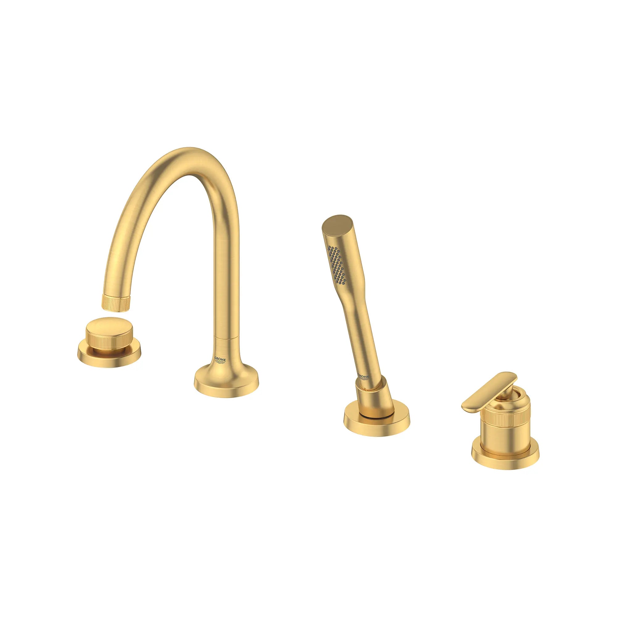 Robinet de baignoire romaine Listra à 4 trous et une seule manette monté sur plan avec douche à main de 6,6 l/min (1,75 gal/min) // AUBE FRAÎCHE BROSSÉ // 275286_Listra_SiloLeft_106237GN00_0001_SEPTEMBER2024_0_CDNwebp.webp