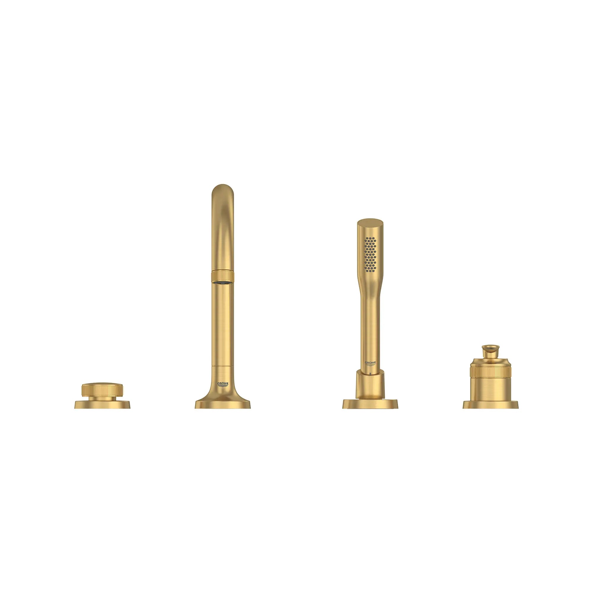 Robinet de baignoire romaine Listra à 4 trous et une seule manette monté sur plan avec douche à main de 6,6 l/min (1,75 gal/min) // AUBE FRAÎCHE BROSSÉ // 275359_Listra_SiloStraight_106237GN00_0001_SEPTEMBER2024_0_CDNwebp.webp